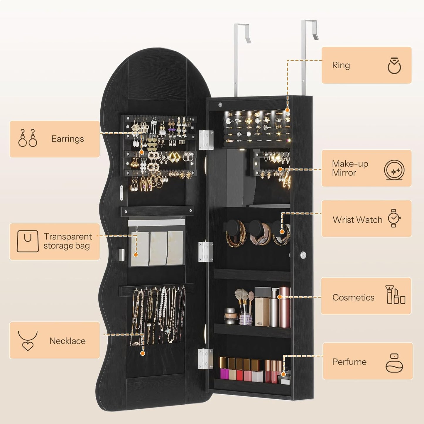 HOOBRO LED Mirror Jewelry Cabinet, Wall/Door Mounted Jewelry Organizer, Jewelry Aromire with Wavy Mirror Full Length, Lockable Cosmetics Storage Cabinet, Interior Mirror, 16.5" x 4.1" x 43.3", Black