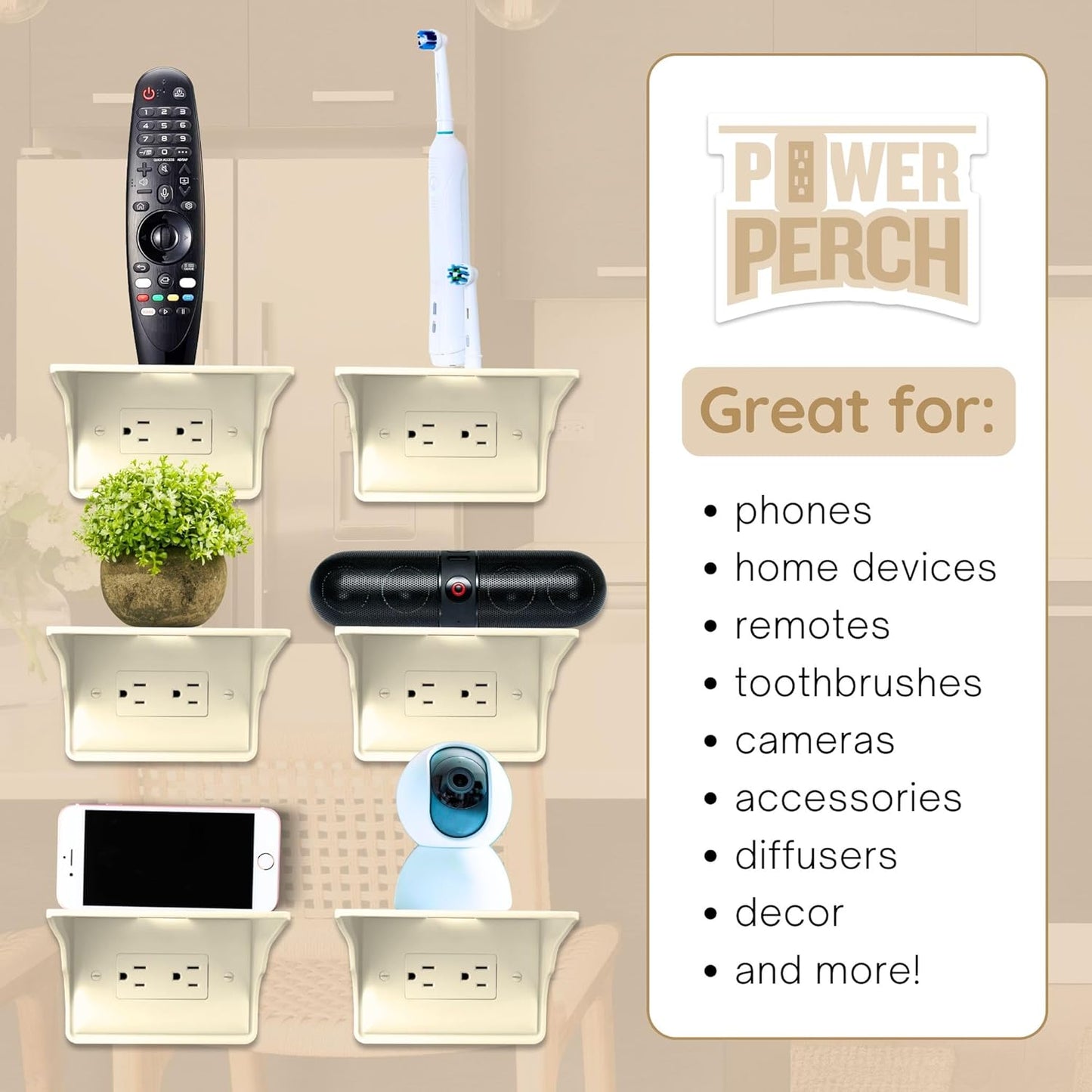 Power Perch Horizontal Wall Outlet Shelf with Cord Storage Strap - Declutter & Reclaim Bathroom Counter Space - Alexa Stand, Apple Homepod Shelf, Toothbrush Holders Wall Mounted - Almond, 1-Pack
