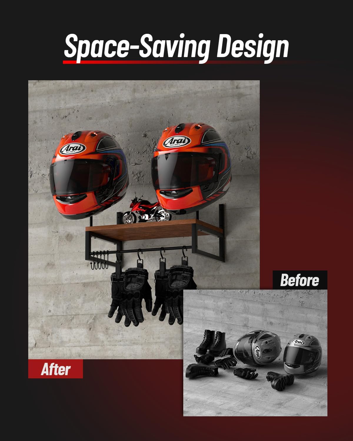 Vieshful Motorcycle Helmet Holder Wall Mount, Helmet Organizer Rack with 1 Layer Wooden Boards and 2 Hat Stands, Helmet Hanger for Motorcycle Accesories Storage with 4 Glove Chips and 5 hooks