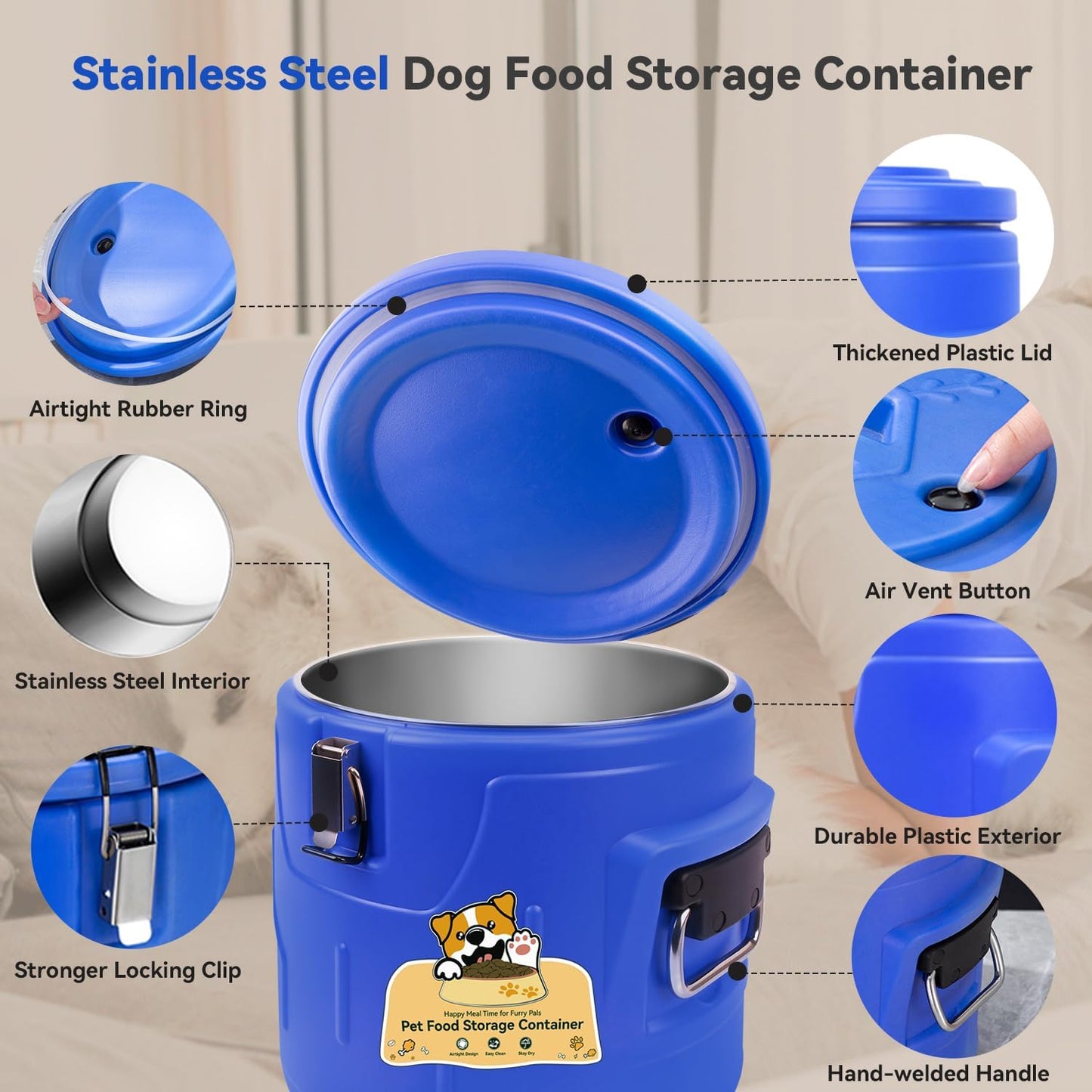 15lb Dog Food Storage Container, Stainless Steel Airtight Pet Food Storage Container and Durable Plastic Food Container, Large Metal Cat Food Container with Lid and Scoop to Keep Fresh