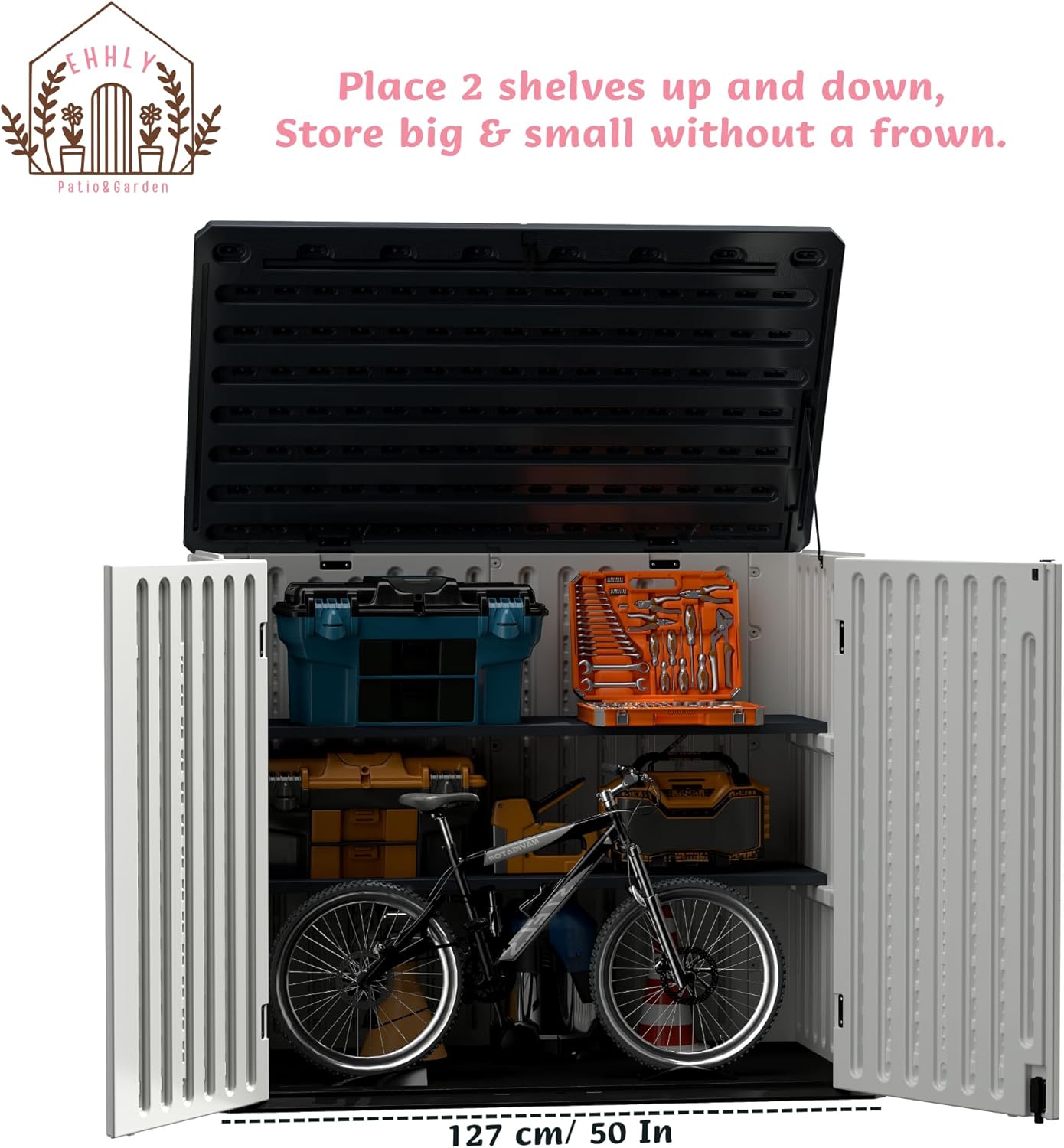 EHHLY 35 Cuft Outdoor Storage Shed Shelf(2 Shelves ONLY, No Cabinet), Outdoor Storage Cabinet Shelves for 4x2.5 Ft Shed, Horizontal Resin Storage Shed Accessories, Dark Grey