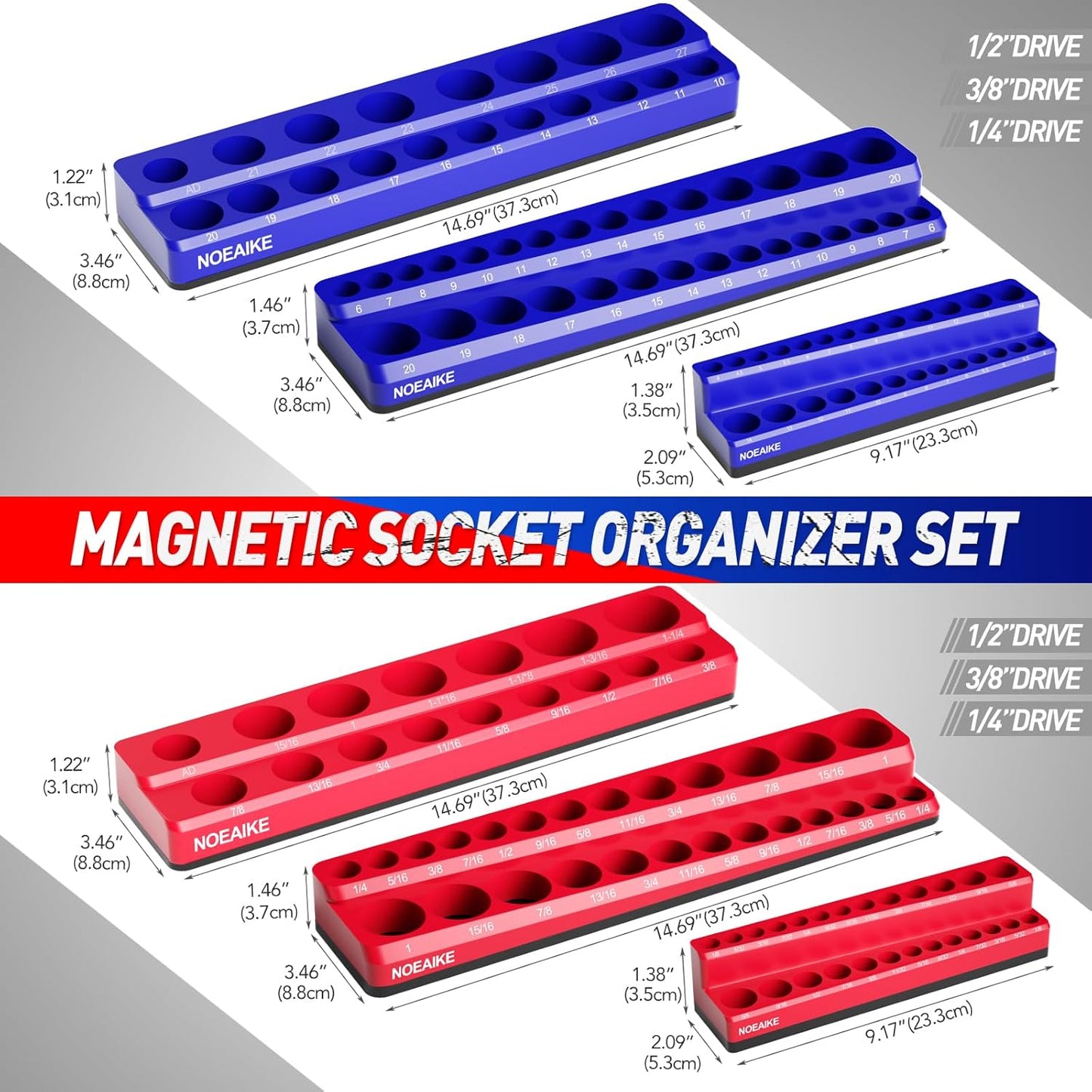 Magnetic Socket Organizer,6-Pack SAE & Metric 1/2,3/8,1/4 Inch Drive Sockets Holder,Holds 141 Standard/Deep Sockets,Blue and Red Magnetic Socket Tray(Sockets Not Included)