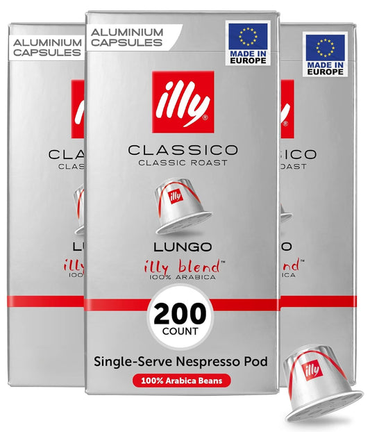 illy Aluminum Espresso Pods - Compatible with Nespresso Machines - Classico Lungo Roast Coffee - Mild & Balanced - Notes Of Caramel, Orange Blossom & Jasmine - 10 Count (Pack of 20)