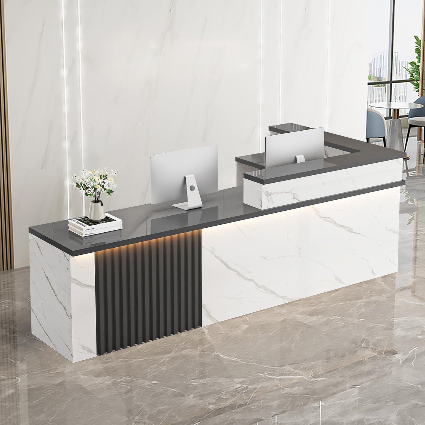 Receptionist Desk with LED Light，Wooden Salon Checkout Counter with Storage Drawer & Keyboard Tray Modern L-Shaped Reception Desk for Barbershop Office Company Store