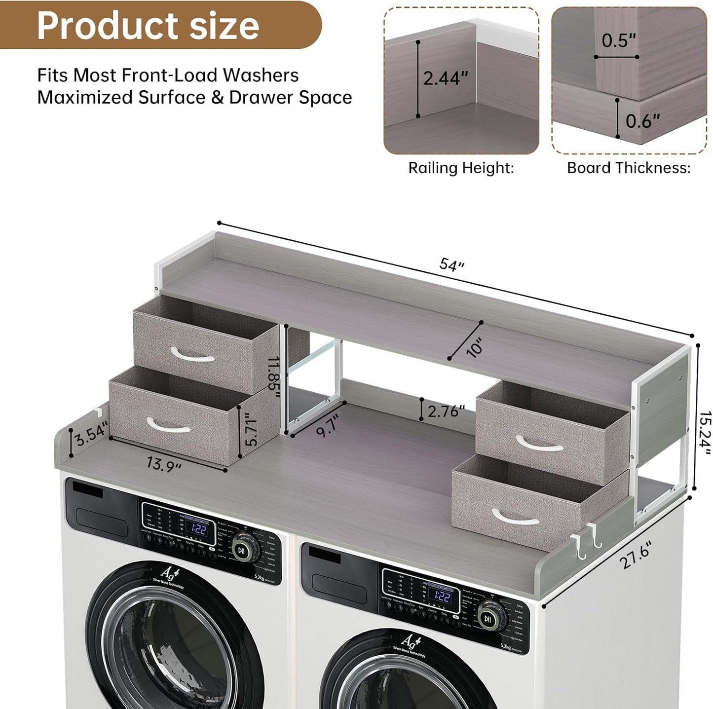 4 Drawers Washer Dryer Countertop with Shelf, 27.5" D x 54" W Laundry Topper with 3.54" High Guardrails and Non-Slip Pads,Extra Storage Organizer for Over Washer and Dryer, Holds 66 Lbs, Light Grey