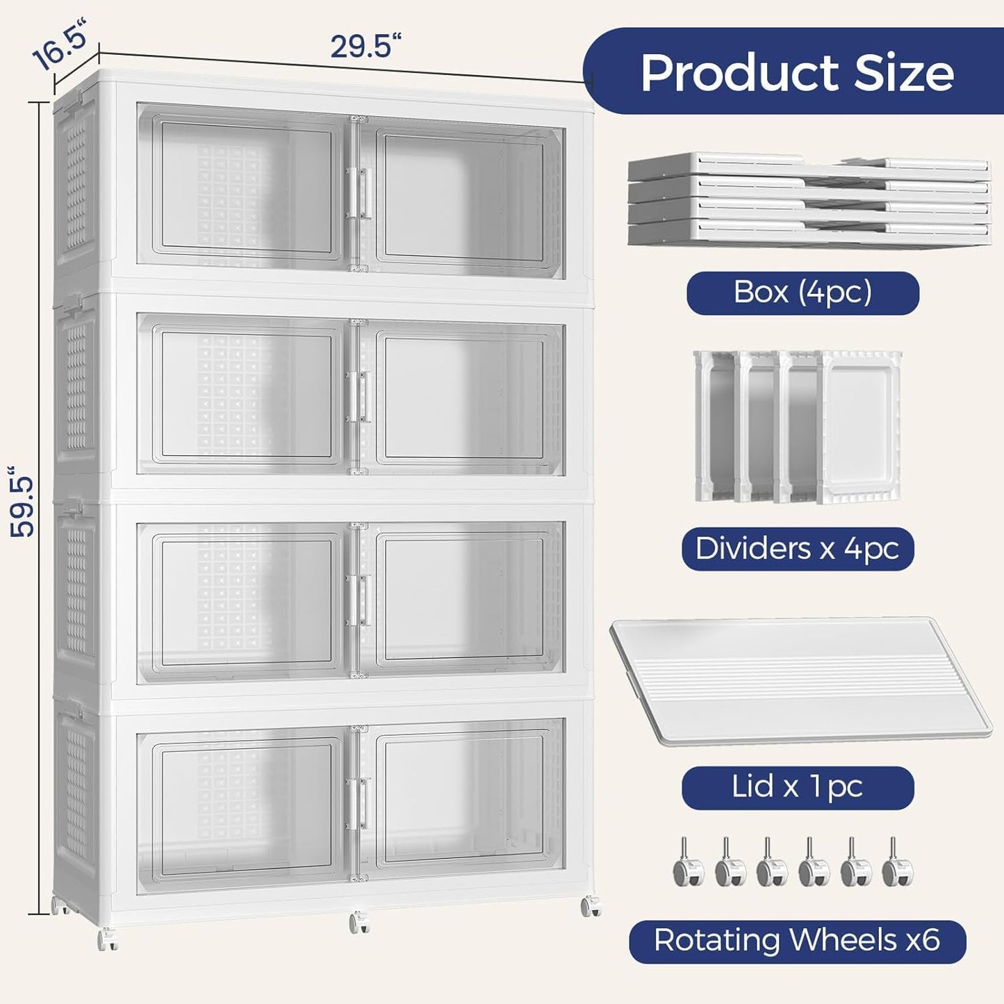 160Gal Stackable Storage Bins with Lid, 640Qt Extra Large Collapsible Storage Box with Wheels, Dividers, Folding Plastic Cabinet Closet Organizers for Home Kitchen Office Dorm, 4Pack White