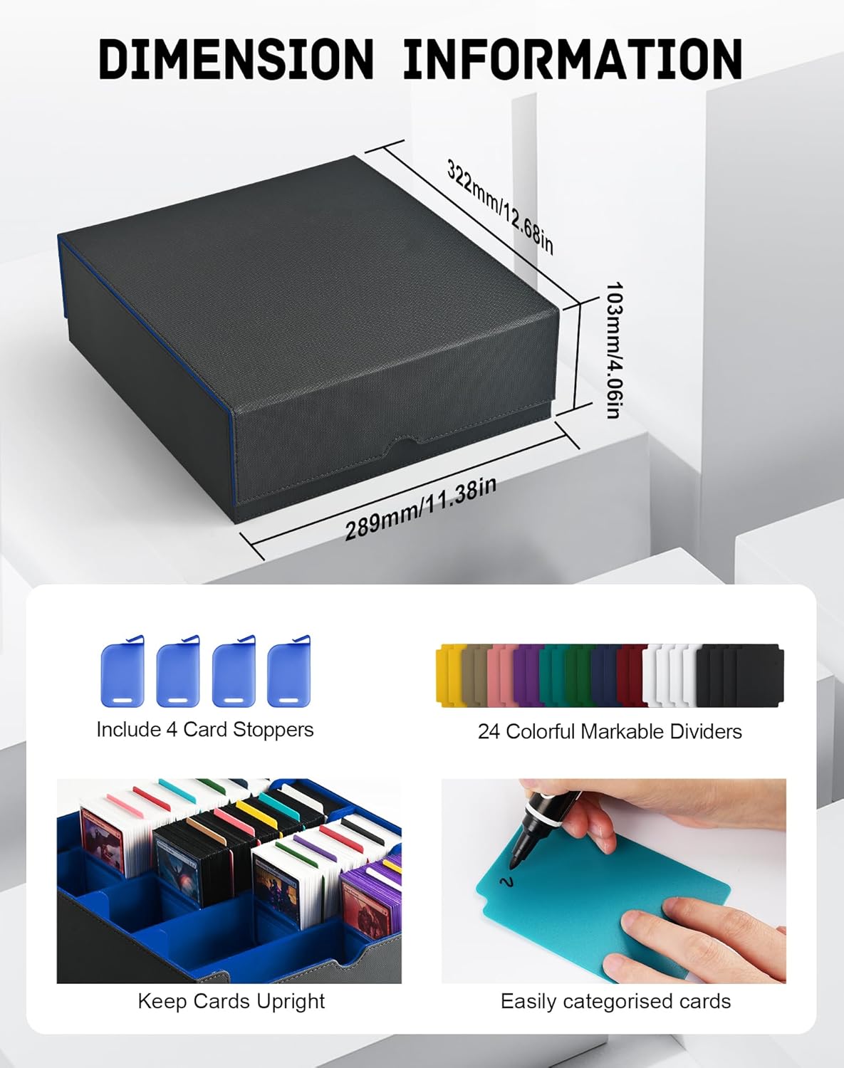 ZLCA Card Storage Box for MTG PTCG, Commander Deck Box Holds 3200+ Cards, Trading Card Storage Case with 4 Stoppers, Card Organizer for TCG Sport Cards(Black&Blue)