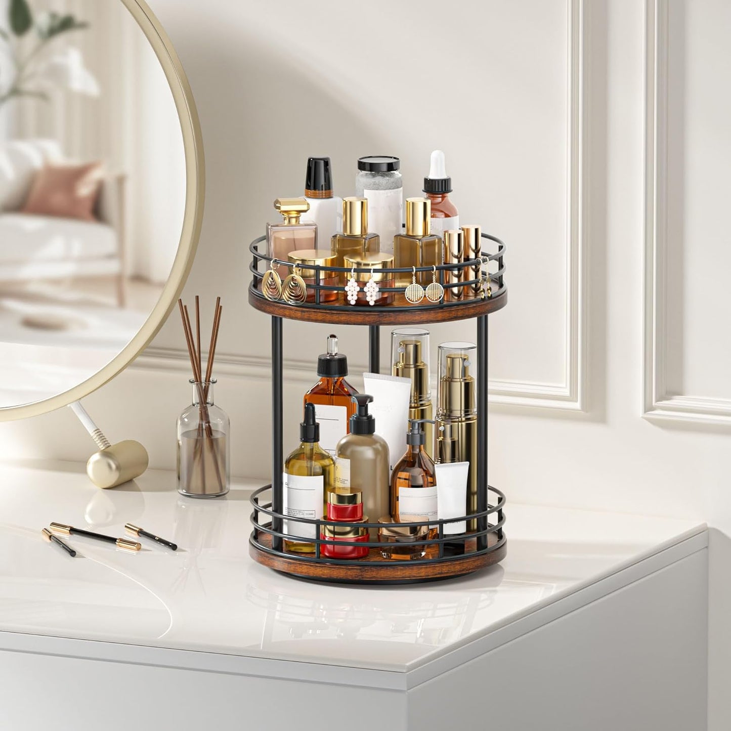 Bathroom Organizer Countertop,2 Tier Rotating Makeup Organizer Countertop for Vanity,Wooden Bathroom Counter Storage Shelf,Vanity Tray for Perfume,Skincare,Cosmetic