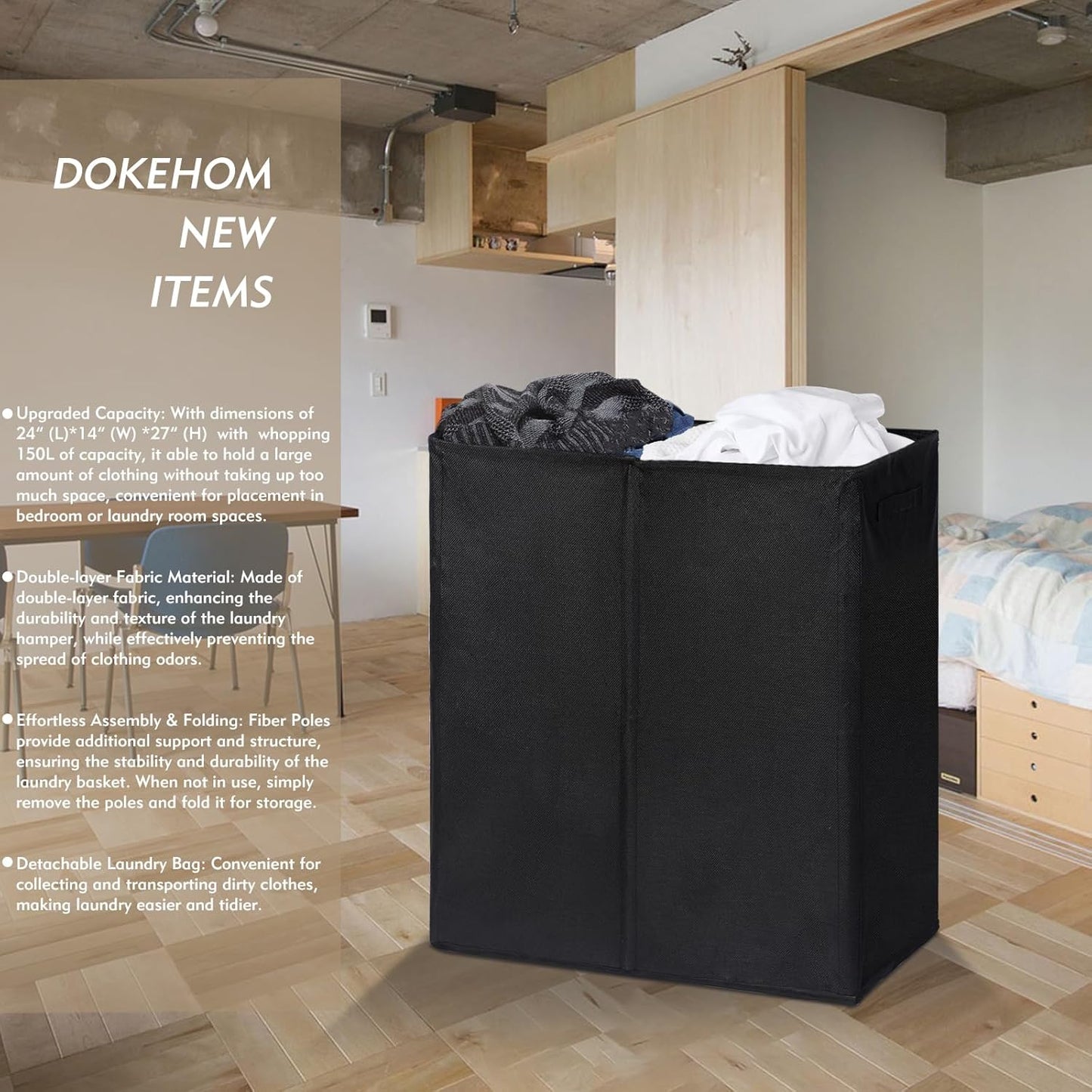 DOKEHOM 150L Double Laundry Basket with Lid and Removable Laundry Bags, Large Collapsible Laundry Hamper with 2 Sections for Bedroom, Bathroom, Laundry Room, Colloge (Black)