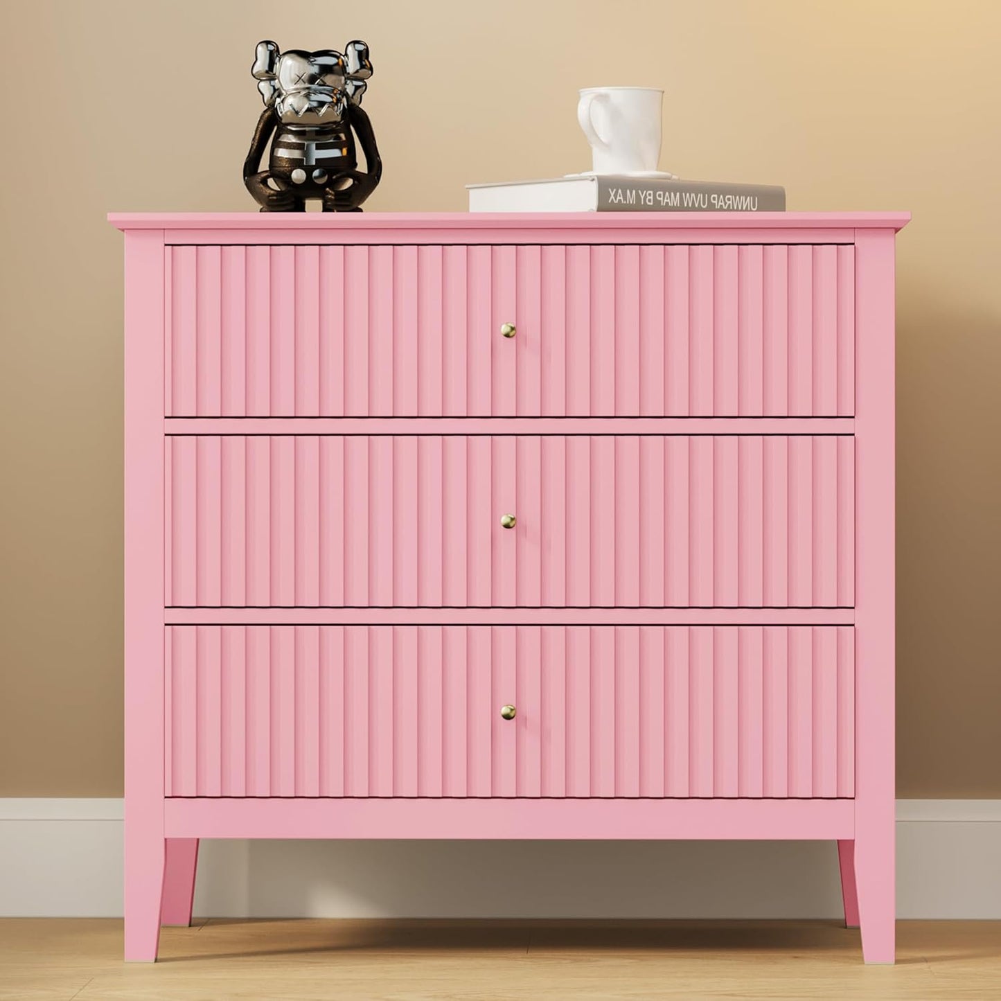 RoyalCraft Fluted 32 inch Wide Nightstand for Bedroom, Large Pink Nightstand with 3 Drawer, Modern End Table, Wood Beside Table for Home and Office
