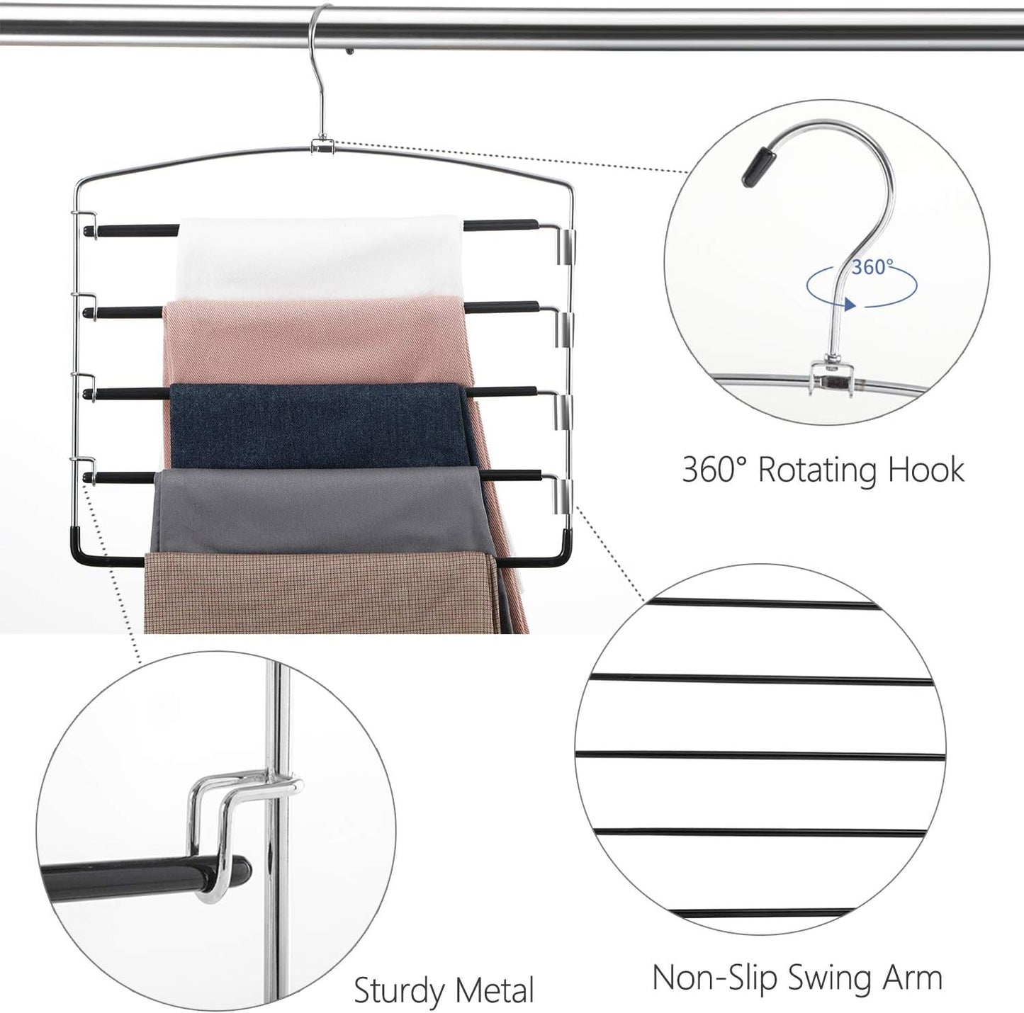 FeeraHozer Pants Hangers Non Slip 6 Pack Space Saving Hangers Multi-Layer Swing Arm Pants Hanger Stainless Steel Space Saver Hanger for Jeans Scarf Trouser Towel Clothes (Black)