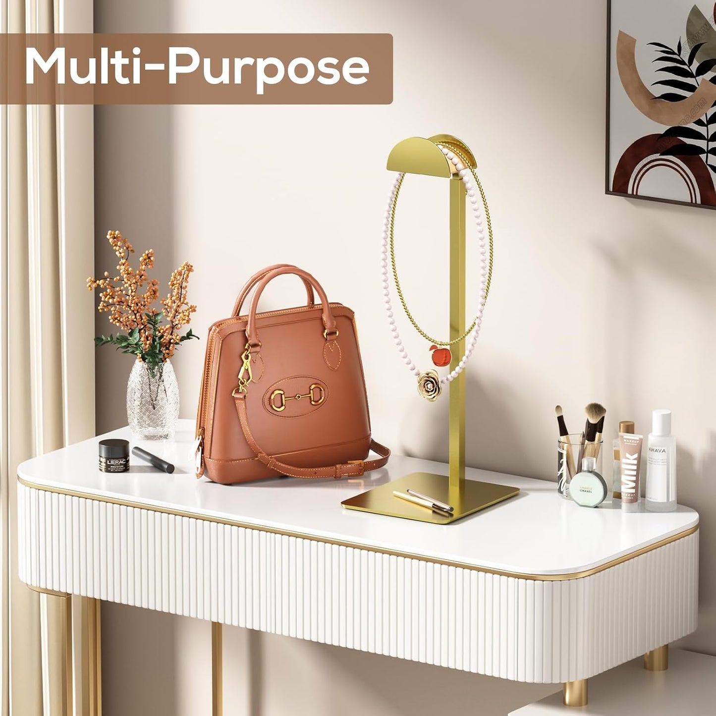 2 Pack Purse Display Stand, Purse Holder Handbag Display Stand Metallic Gold Purse Hanger Showing Bags, Purses, and Wreath, Adjustable Hook Stand for Tabletop, Closet, Desk, and Retail Use