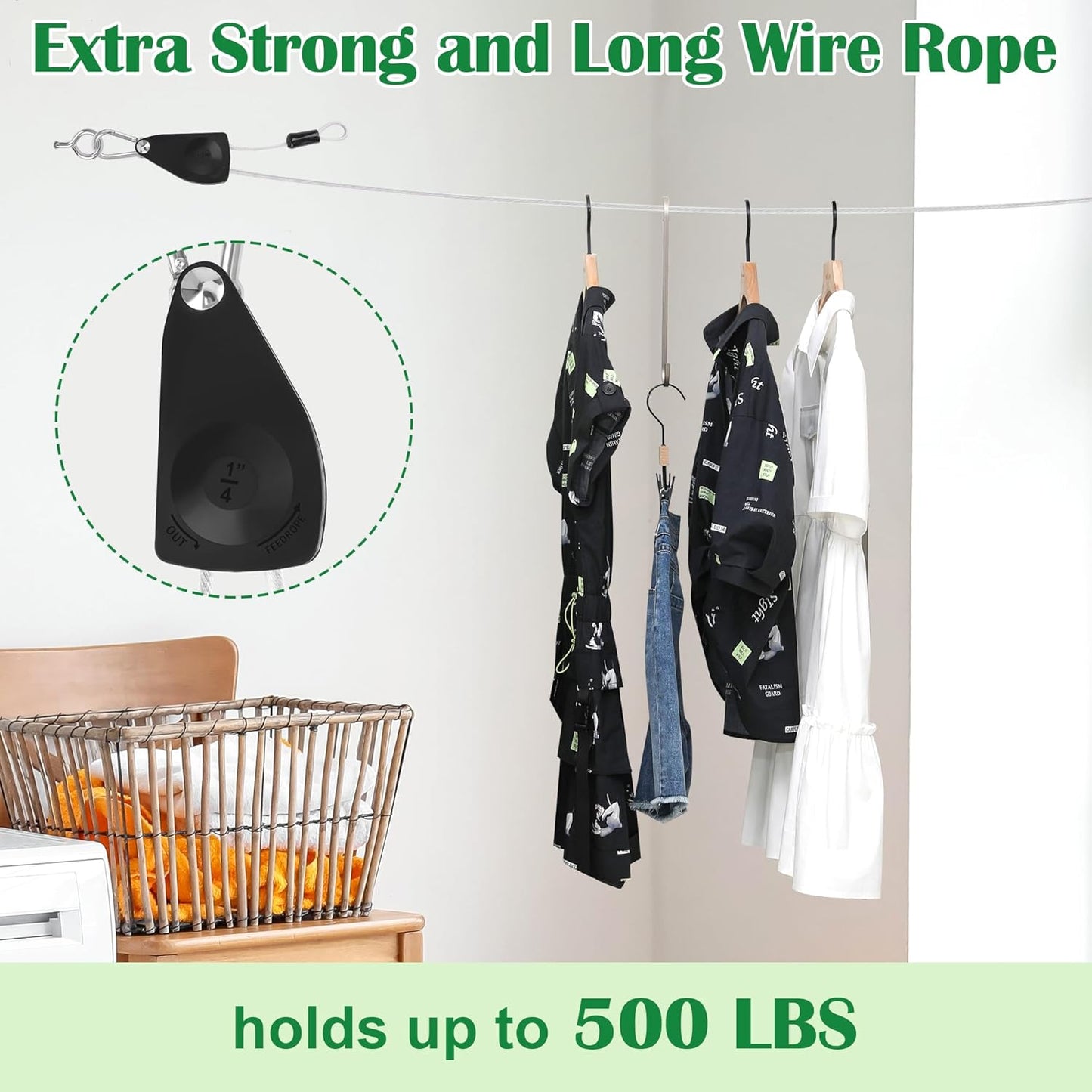 40 FT Clothes Line Outdoors, Anglecai 3/16" Retractable Wire Clothes Ropes PVC Coating Laundry Clothesline with Retractor for Outdoors Camping