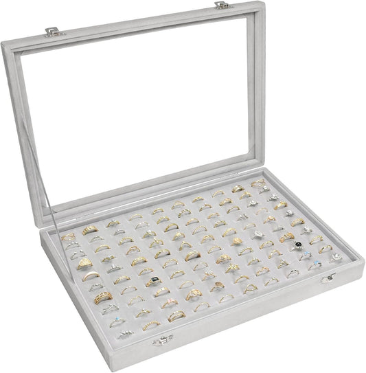 Velvet Ring Display Tray Organizer Box with Transparent Lid, 100 Slot Ring Holder Showcase For Store Display Jewelry Show Home, Ring Organizer For Rings Earrings (Grey)