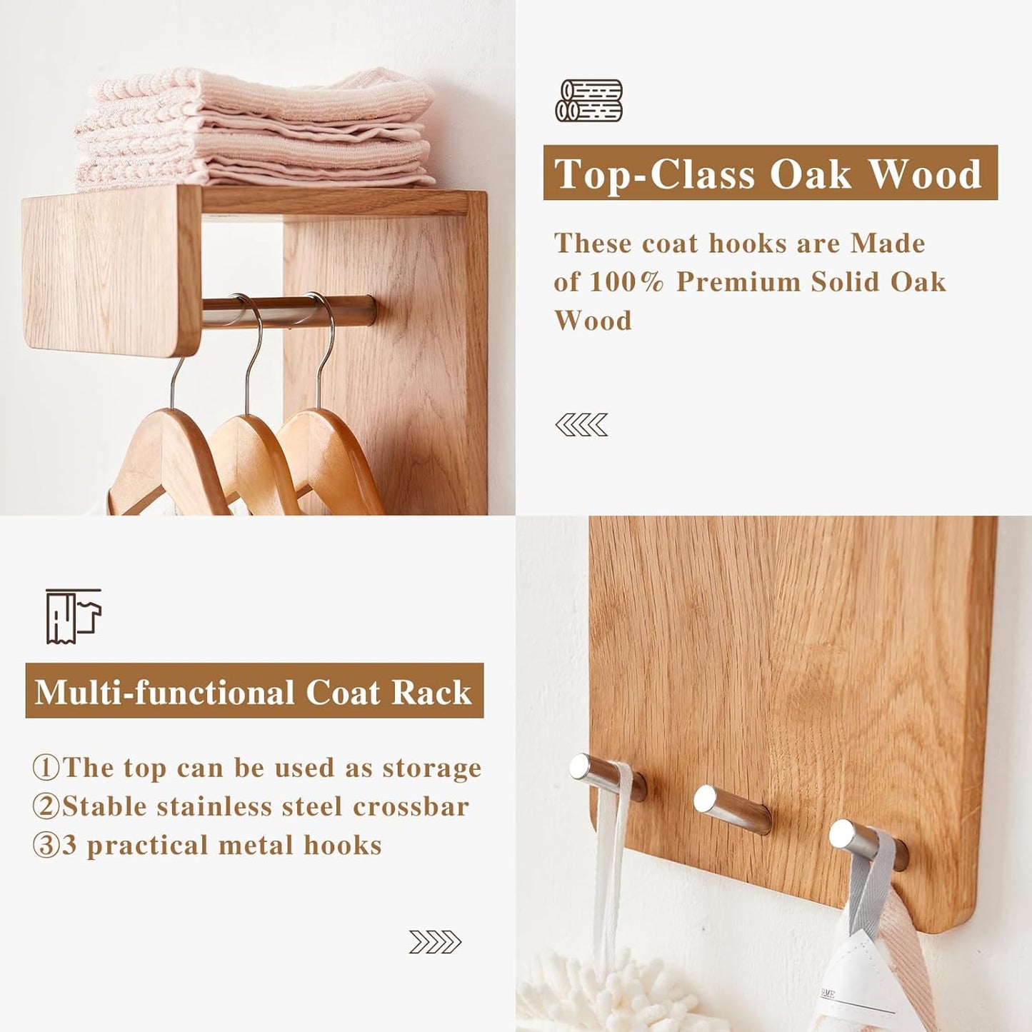 Oak Wood Coat Rack Wall Mount with 8 Inch Long Entryway Wall Shelf and 3 Hooks, Floating Shelf with Hooks for Bathroom, Hallway, Living Room