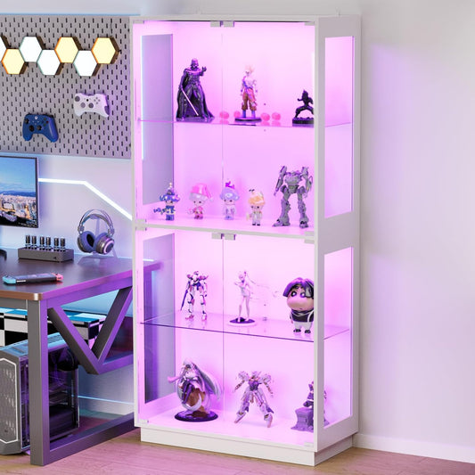 Display Cabinet with Glass Doors 4 Tier Glass Display Case with RGB LED Lights Display Cases for Collectibles Adjustable Shelves Display Case, for Game Room, Living Room, Bedroom, White