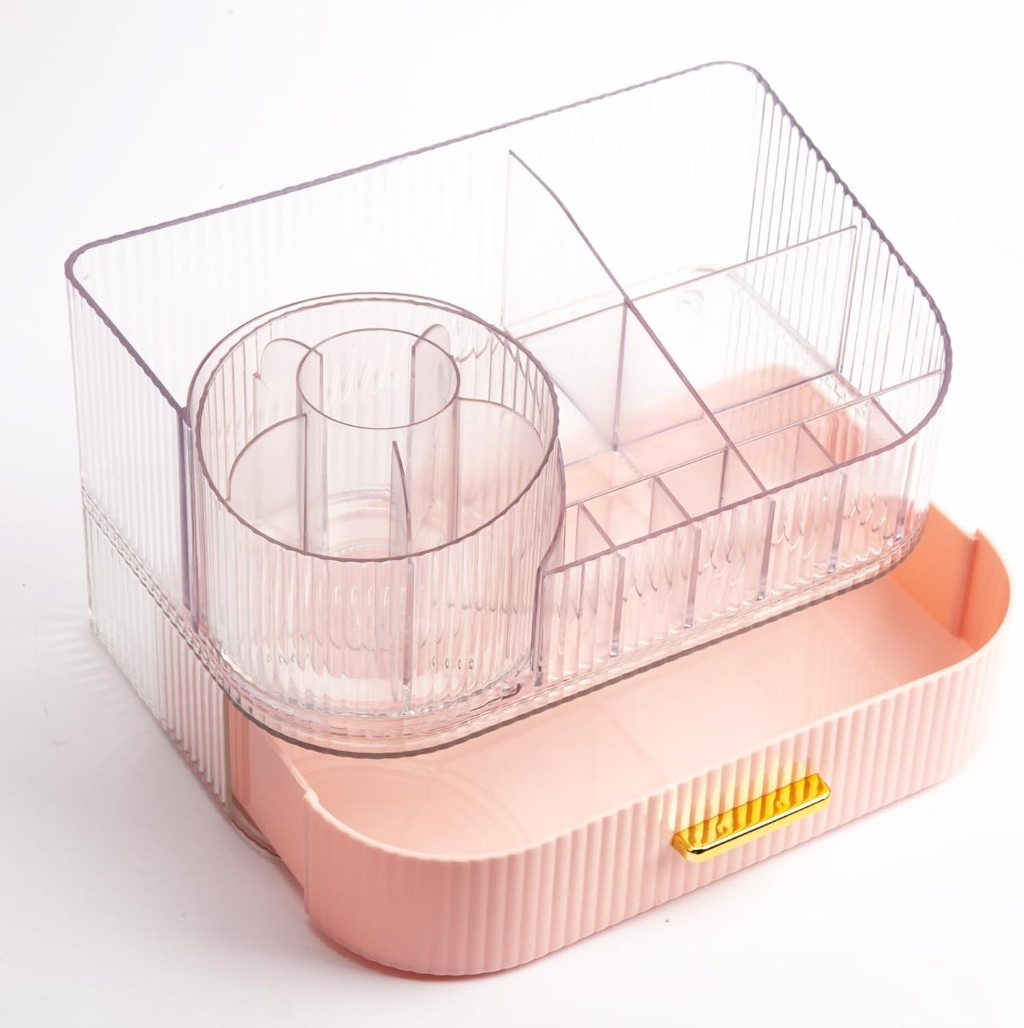 360° Rotating Makeup Organizer with Drawer, Clear Acrylic Cosmetic Storage Display, Stackable Beauty Counter (Pink, Large (Tray + 1 Drawer))
