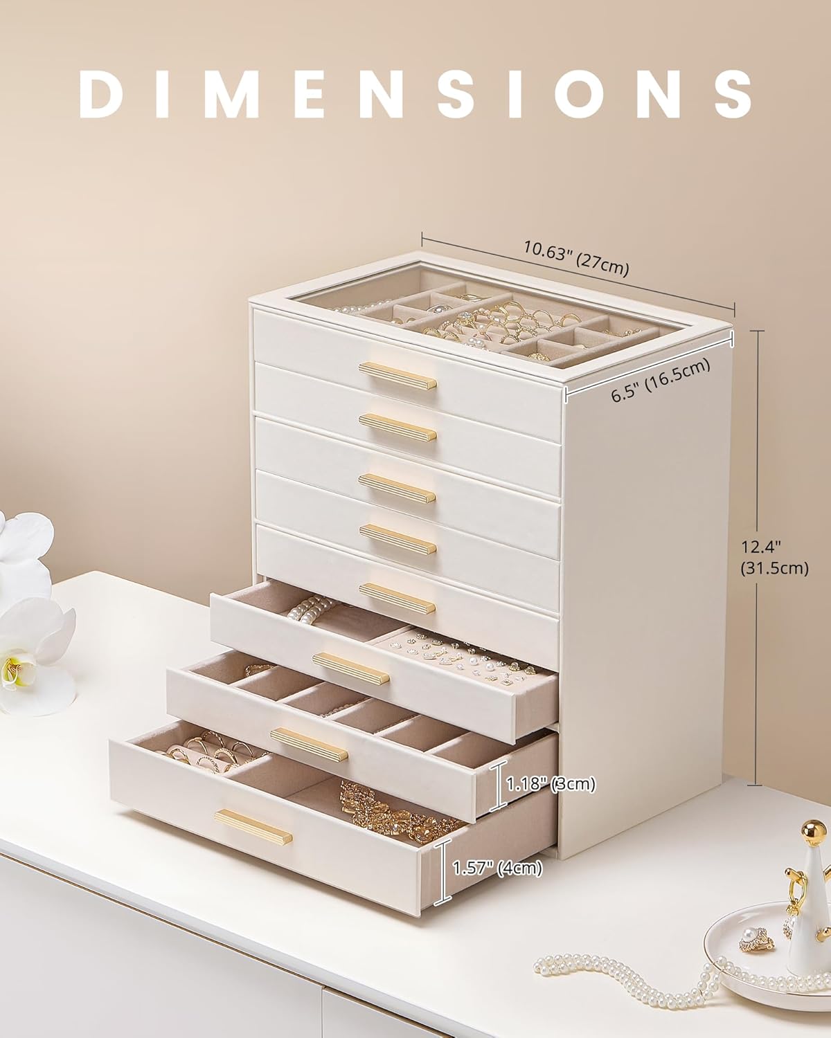 Lolalet Jewelry Box Organizer, 8-Layer Jewelry Organizers and Storage Case with Glass Lid, Ring Earring Bracelet Necklace Holder Organizer, Birthday Christmas Gifts for Women Girls -8Layer, Beige