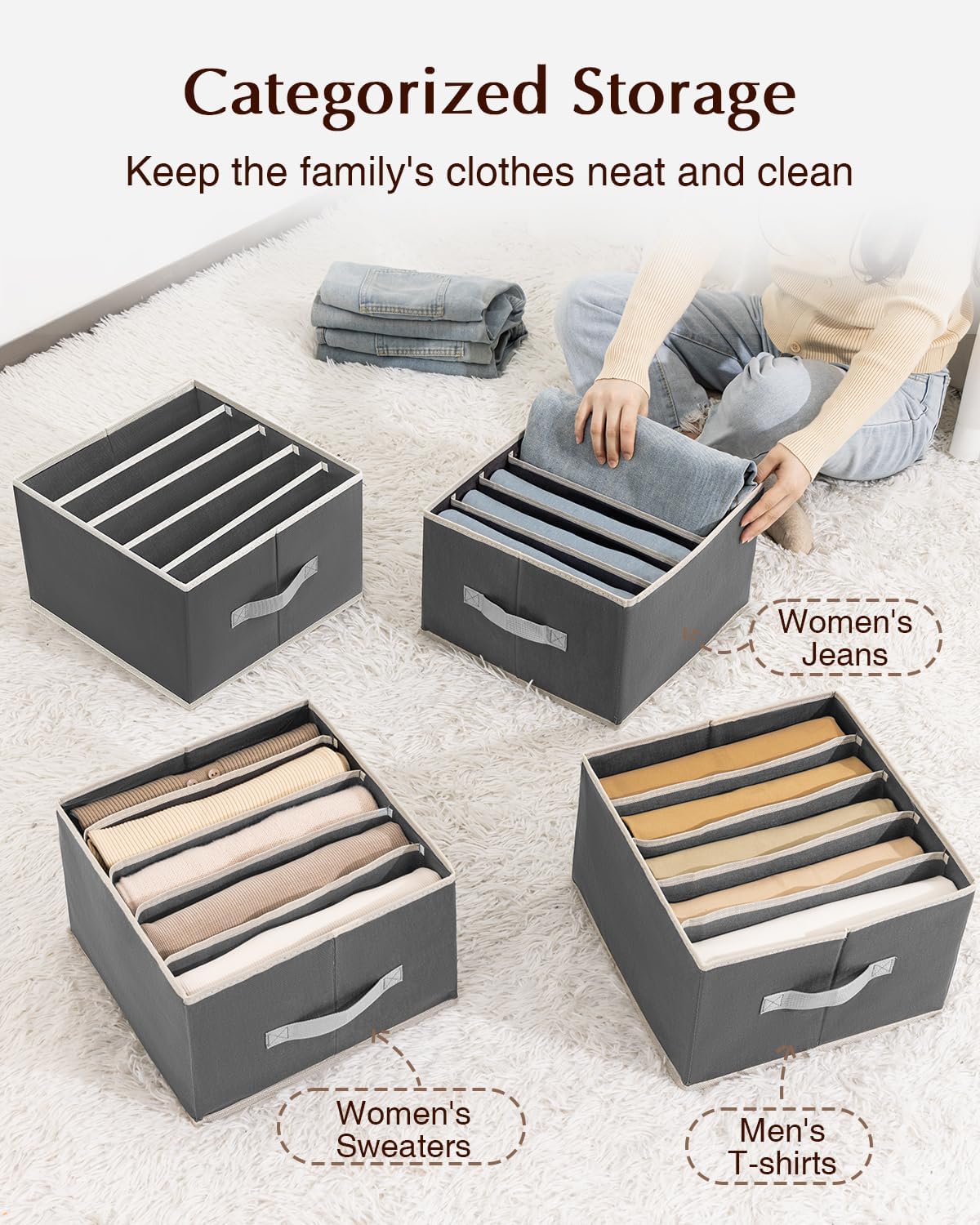 Clothes Organizers and Storage - Fabric Jeans Organizer with Handles, Foldable Drawer Dividers for Clothes, Closet Shelf Organizer for Shirts, Bra, Sweater, Scarf, 6 Pack, Dark Grey