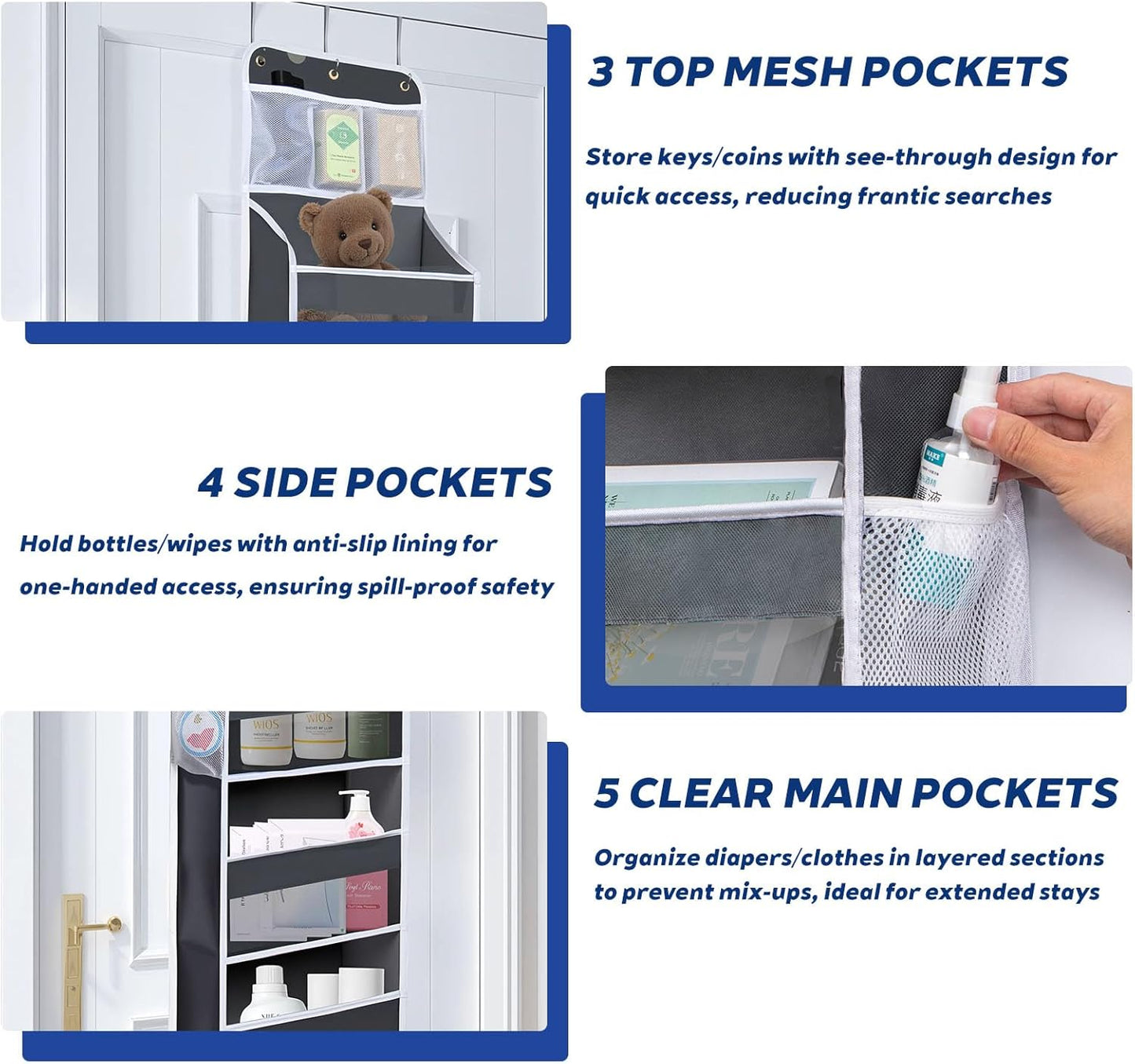 Over The Door Organizer 6 Tier with 12 Pockets & Reinforced Hooks - 59" Hanging Storage Organizer for Bathroom, Nursery, Pantry & Laundry (Deep Grey)