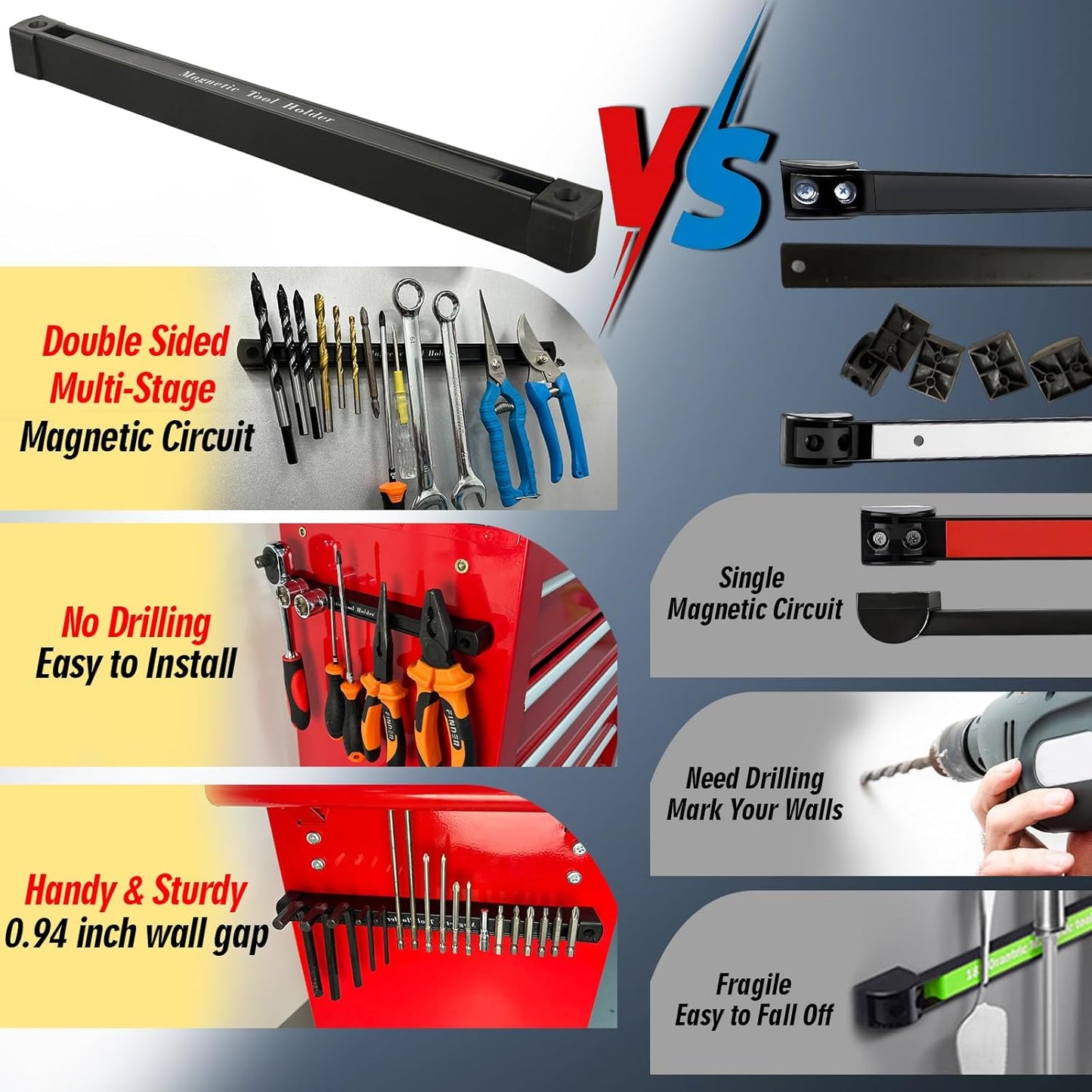 Double Sided Magnetic Tool Holder, 12 Inch Magnetic Tool Bar, Heavy Duty Wall Mount Strip with Ultra Strong Magnet for Garage, Workshop, Jobsite, Shed and Kitchen (2 Pack)