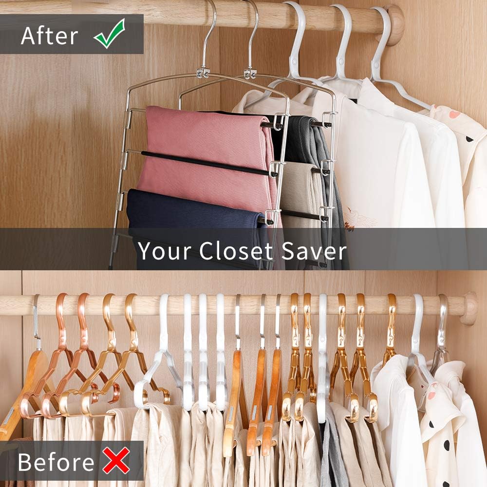 FeeraHozer Pants Hangers Non Slip 6 Pack Space Saving Hangers Multi-Layer Swing Arm Pants Hanger Stainless Steel Space Saver Hanger for Jeans Scarf Trouser Towel Clothes (Black)