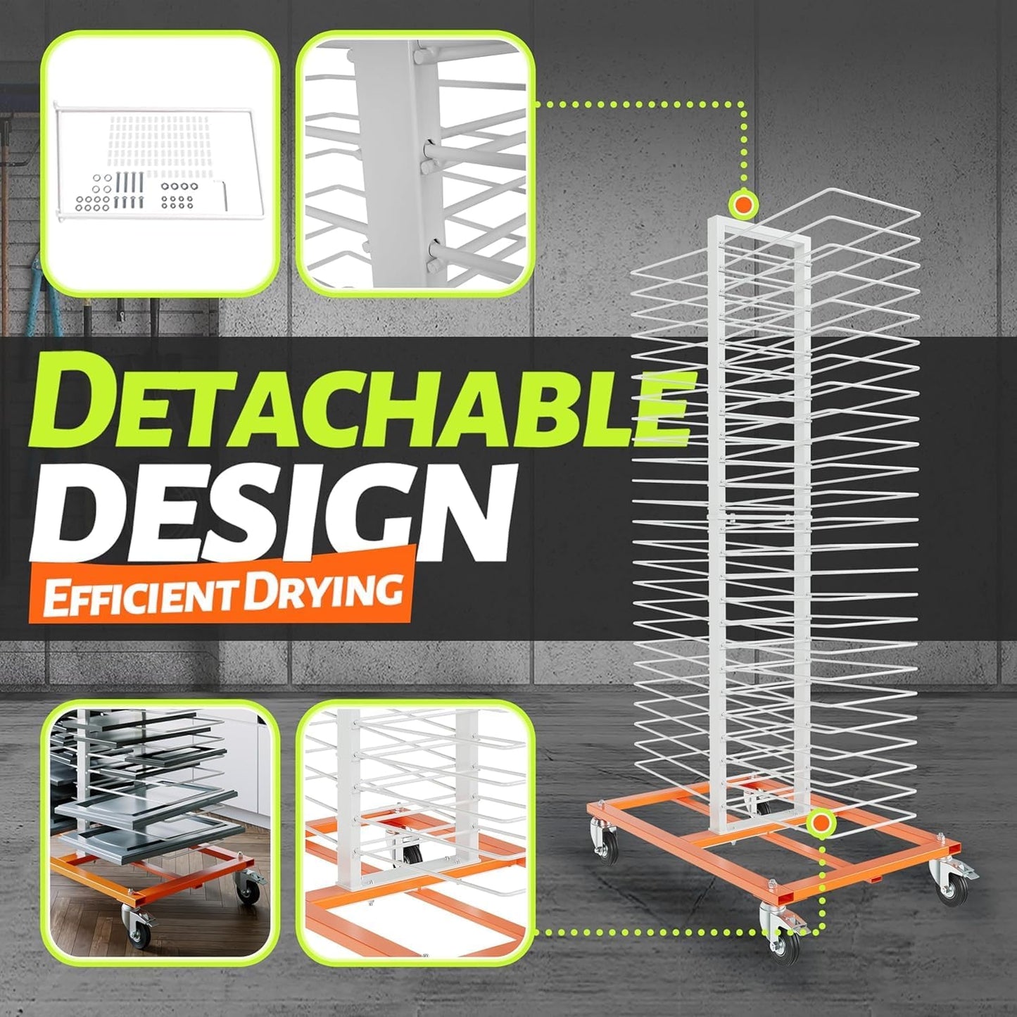 50 Shelves Paint Cabinet Drying Rack with 4 Caster Wheels, Cabinet Drying Rack, 25lbs/Shelf Capacity, Space Saving, Modern Style, Orange & White, Steel