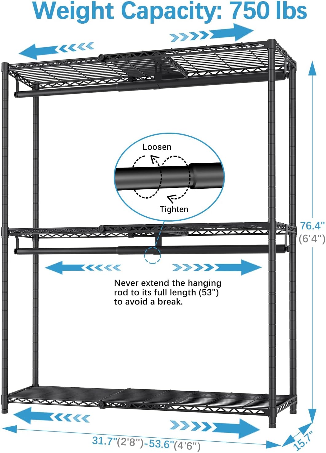 VIPEK X1 Plus Expandable Reach-in Closet Adjustable from 2'8" to 4'6" with Adjustable Shelves and Hanger Rods Clothes Rack Heavy Duty, Metal Clothing Racks Portable Walk-in Closet, Black