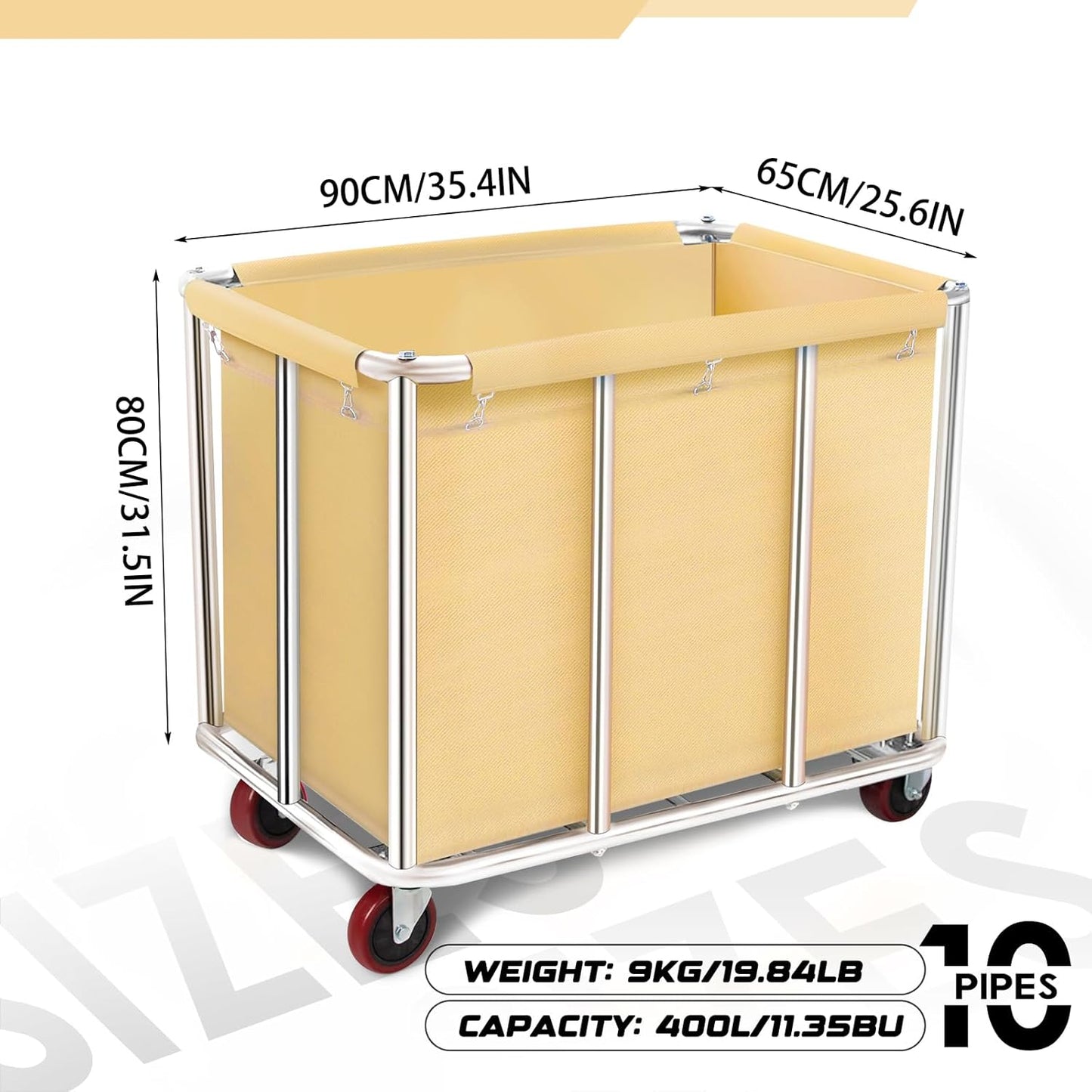 Commercial Laundry Cart with Wheels, 11.35 Bushels Large Roller with Removable Waterproof Canvas Lined Basket, Heavy Duty Stainless Steel for Hotels and Hospitals