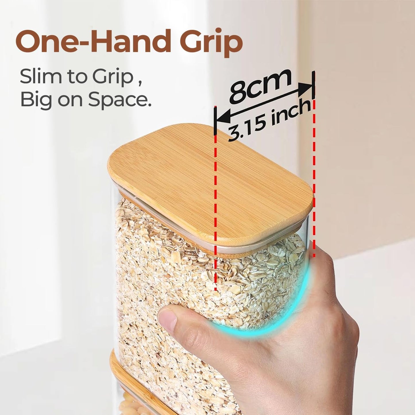 ComSaf 2.2 Qt Rectangle Glass Storage Containers with Lids, Glass Jars with Bamboo Lids, Clear Food Storage Jar, Tall Spaghetti Container, Pantry Storage Container for Pasta Flour Oats Nuts Rice