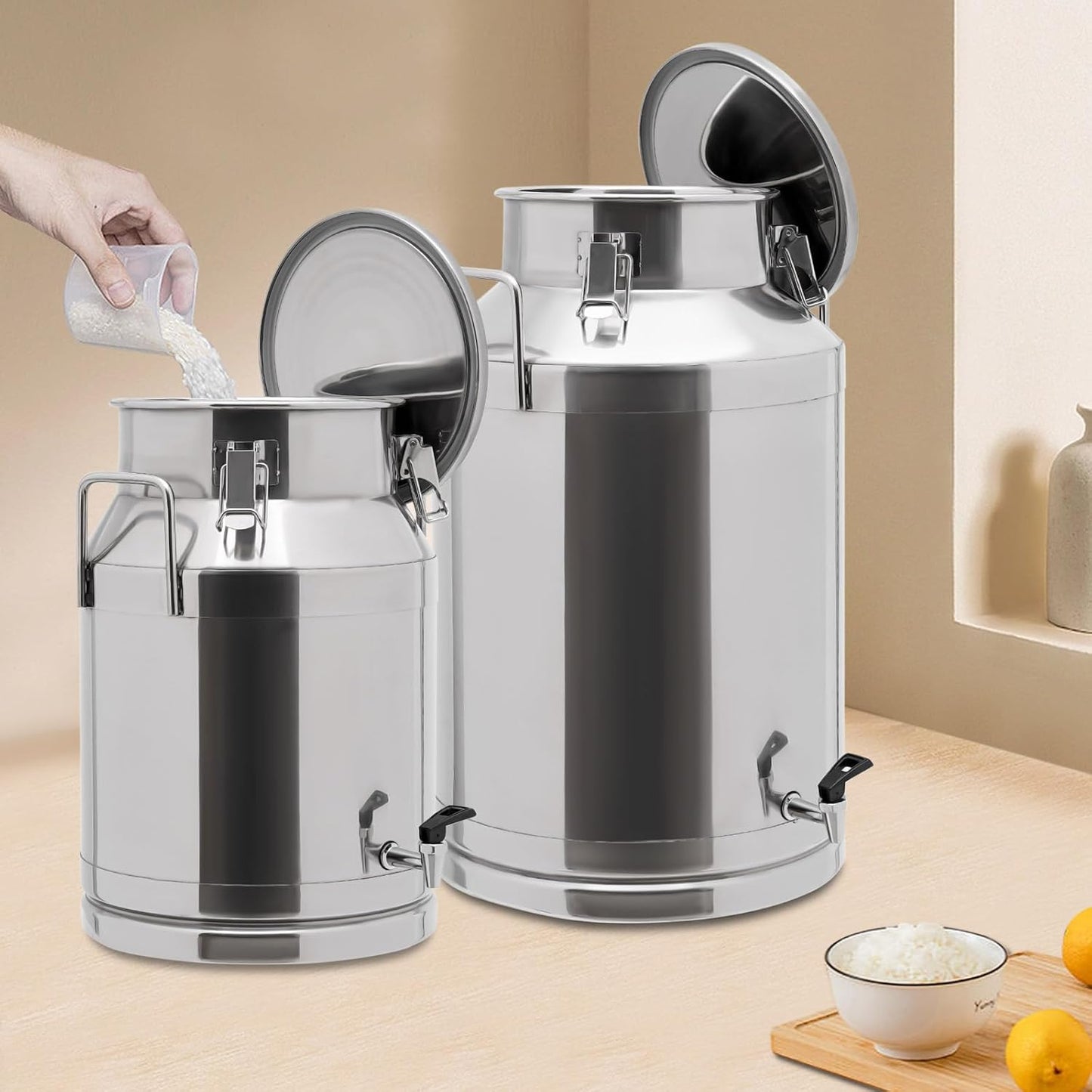 12~60L Heavy-duty 201 Stainless Steel Milk Can with Drip-free Spigot, Water Beverage Drink Dispenser Milk Pail Bucket for Milk Wine Oil (40L)