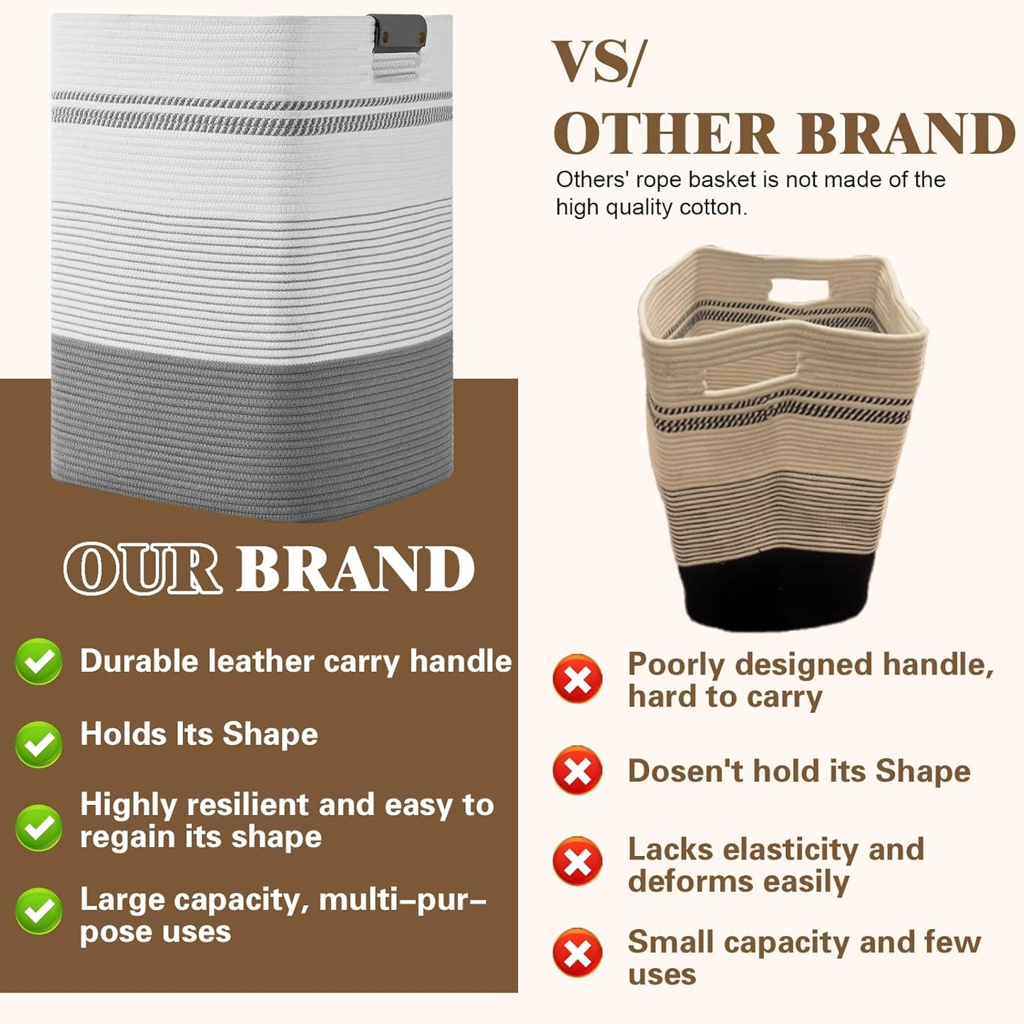 Laundry Hamper, 95L Tall Laundry Basket with Leather Handles, Rectangle Large Clothes Hamper for Organizing, Cotton Woven Laundry Baskets Storage Hampers for Bedroom, Nursery, Living Room