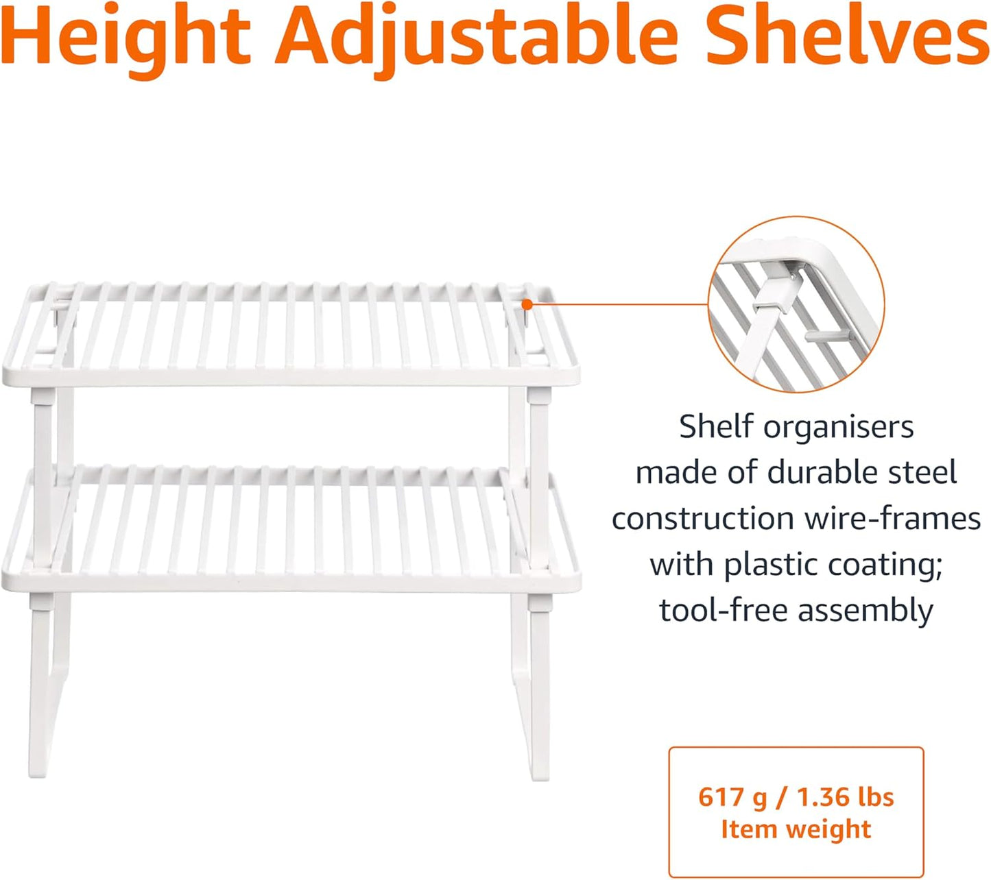 Amazon Basics Stackable Metal Kitchen Storage Shelves for Dishes, 12.5" L x 8" D x 4.5" H, Set of 2, White