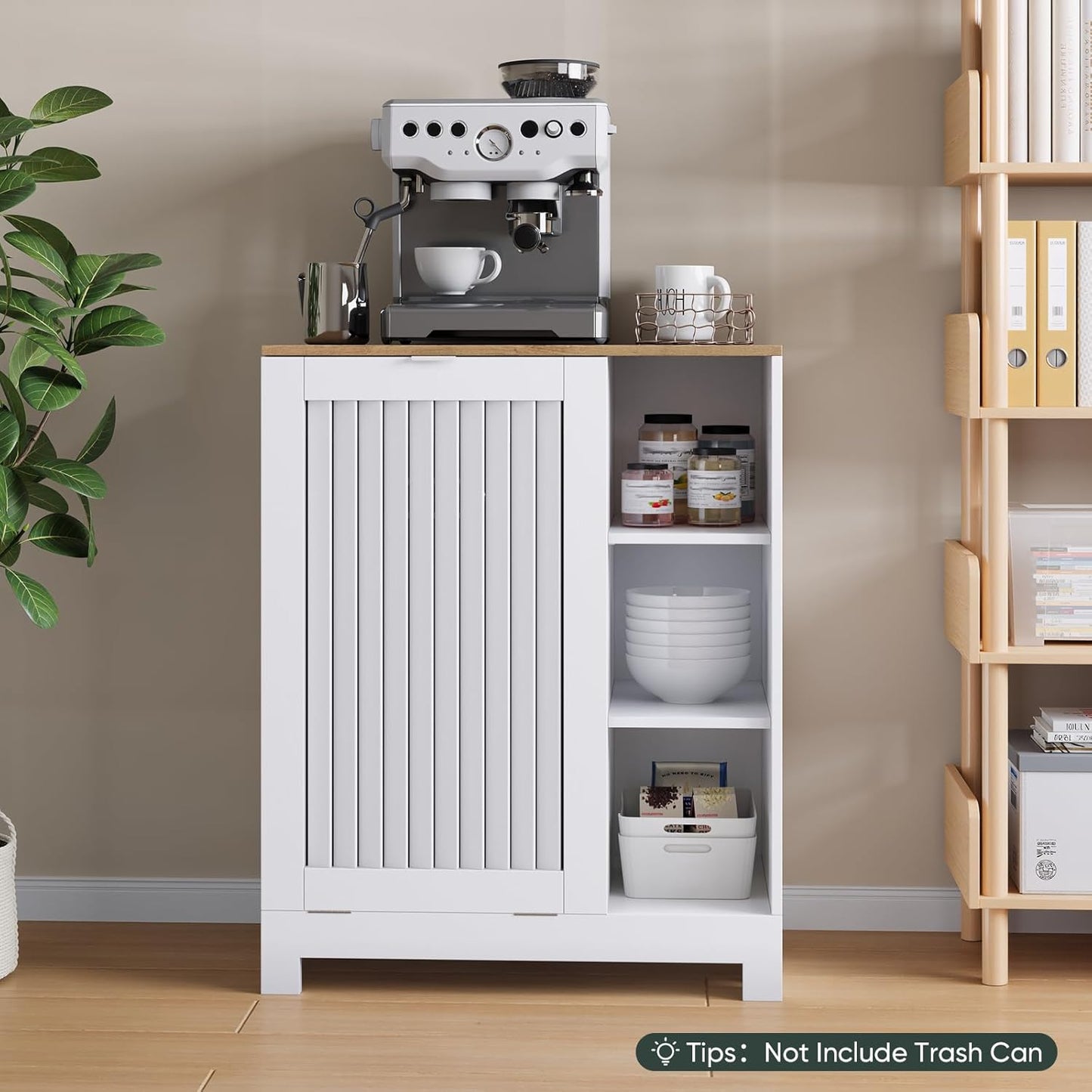 Tilt Out Laundry Hamper Cabinet with Louvered Door, Canvas Basket and 3 Open Side Shelves, Hidden Trash Can Cabinet, Ideal for Laundry, Kitchen, Bathroom, White