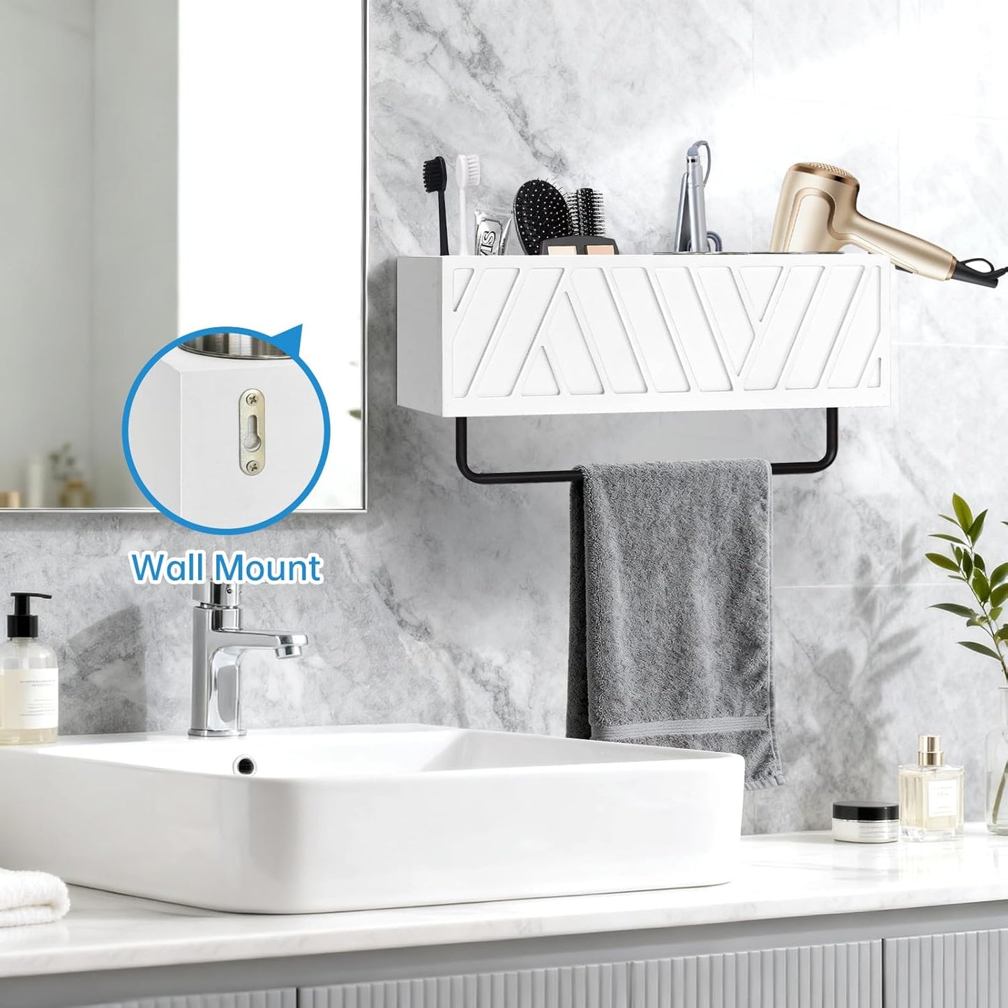 Hair Tool Organizer Wall Mounted with Towel Bar, Wood Hair Dryer and Styling Holder for Bathroom, Vanity Caddy Storage Stand for Storage Bathroom Accessories, Flat Iron, Blow Dryer, Brushes(White)