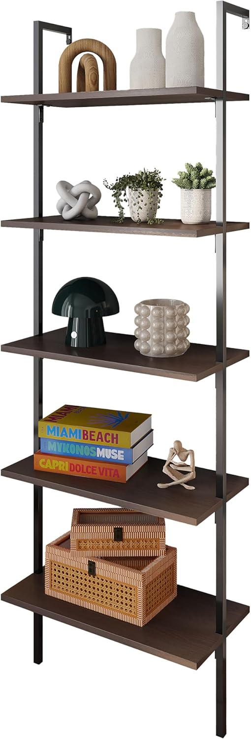 happimess MSH1001C Madera 72.05" Classic Industrial 5-Shelf Wood Wall-Mounted Open Ladder Bookcase with Metal Frame, Brown/Black