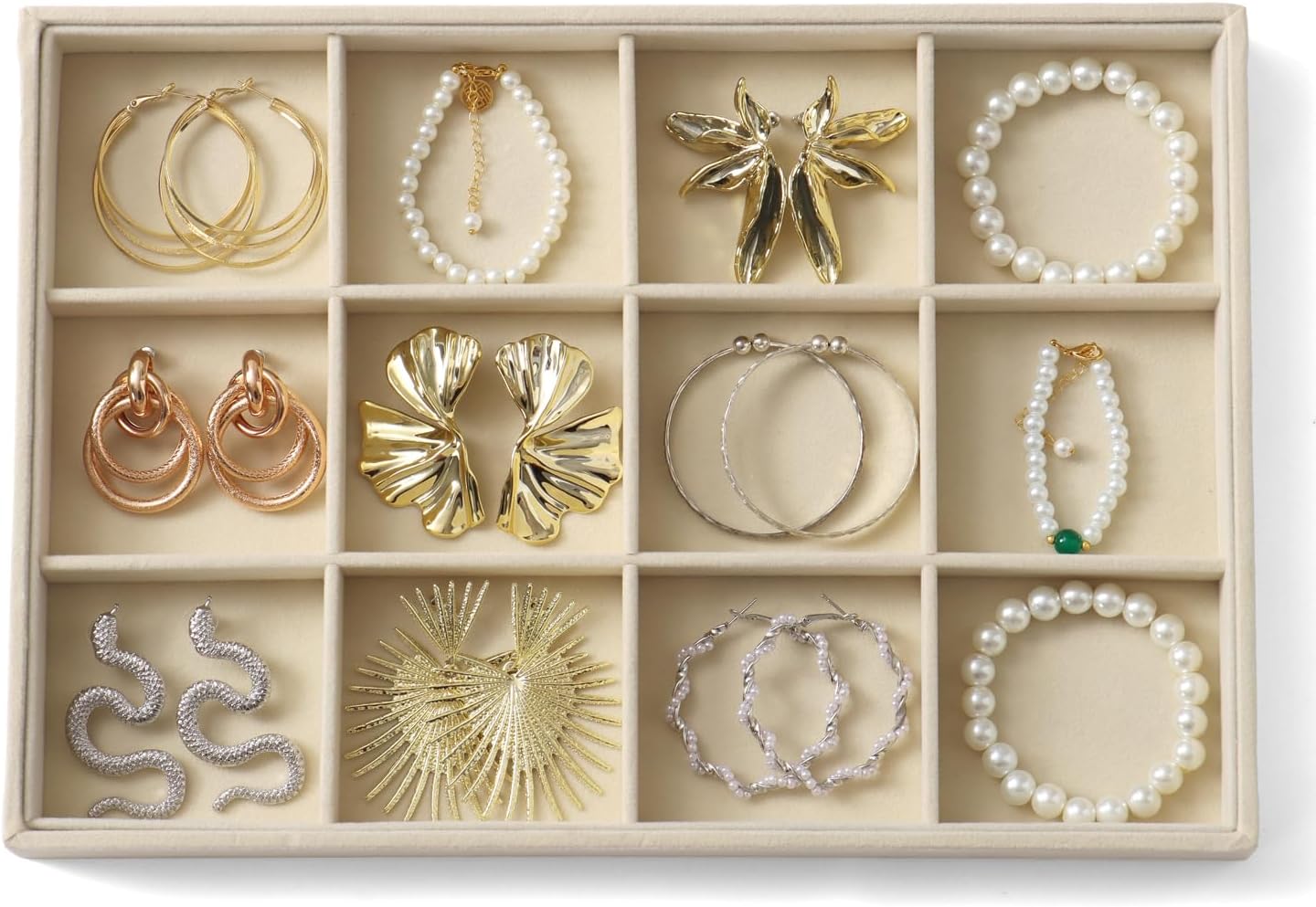 Large Jewelry Organizer for Drawer Insert Velvet Stackable Jewelry Trays for Earring Necklace Bracelet Ring Display (Beige, 12 Grids)