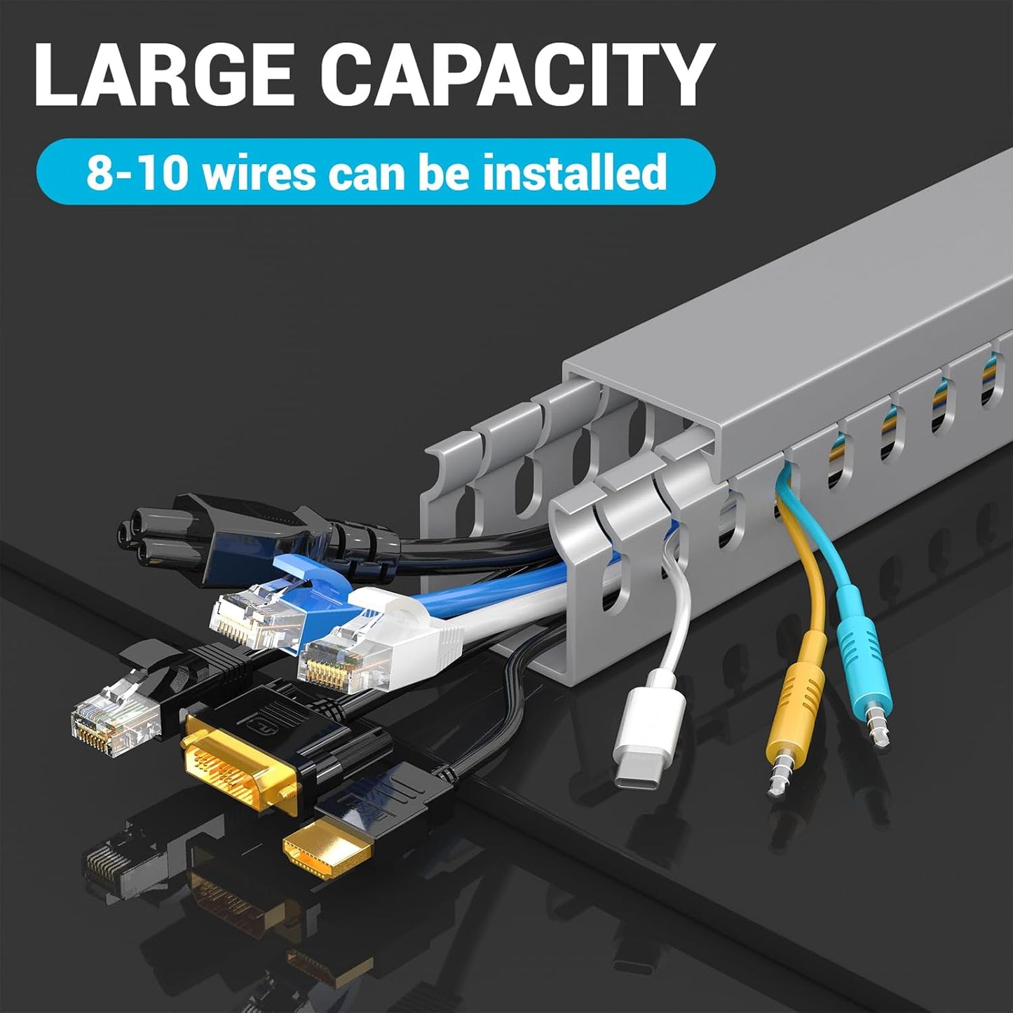 Open Slot Wire Duct Kit, 125.6"(8 x 15.7) Server Rack Cable Management, Cable Management Raceway for Hide Network HDMI VGA Cable, Wiring Raceway Cable Duct, Desk Wire Channel, 8 Pack, Grey