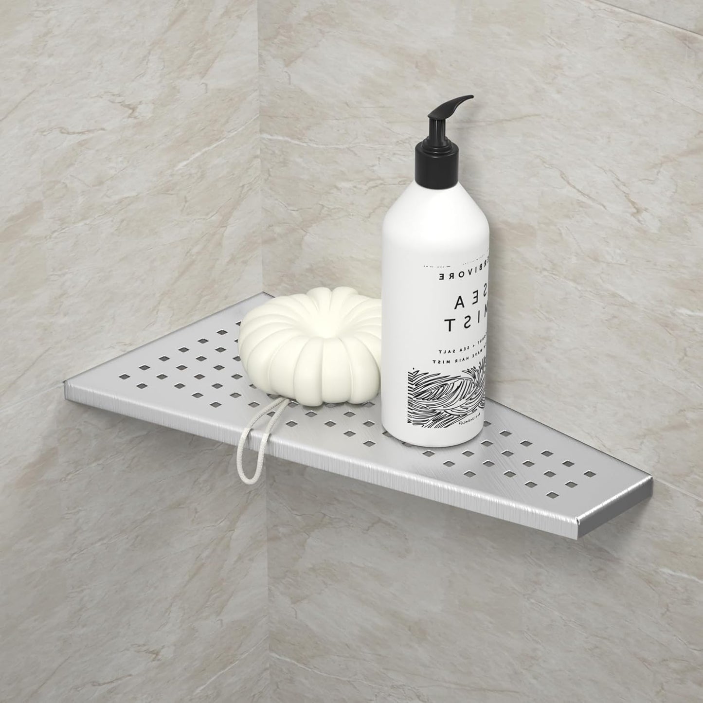 Corner Shower Shelf, Brushed 12" Trapezoid Floating Shelf, 304 Stainless Steel Grid Design Recessed Bathroom Shelf for Tiled Wall, No Drilling