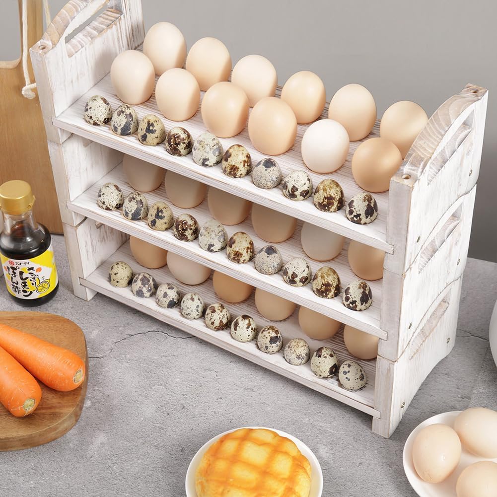 Wooden Egg Holder 3 Layer Fresh Egg Rack Holders Countertop Stackable Quail Egg Sorter Storage Trays Organizer Display Stand Kitchen Rack, Fits Duck, Turkey, Chicken Eggs,up to 36 Eggs, 3 Tier-White