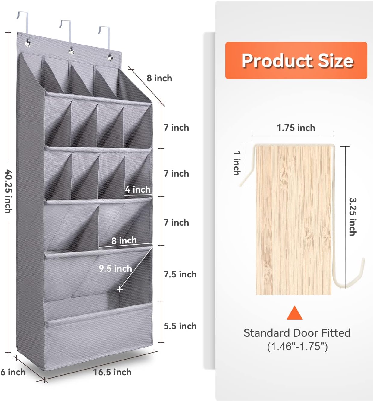 FENTEC 1 Pack Over-the-Door-Shoe-Organizers, Hanging Organizers with Large Pocket Shoe Holder Hanging Shoe Rack for Closet Shoe Organizer for Wall, Over Door Organizer with 15 Pockets Gray