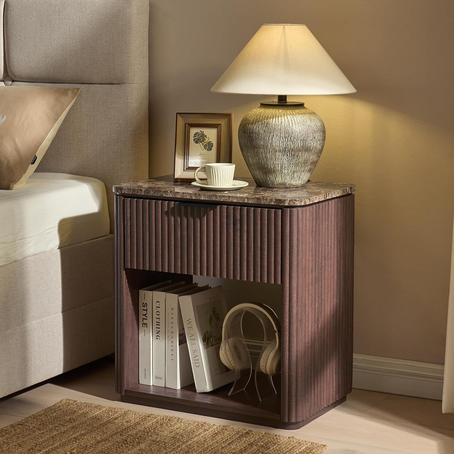 Fluted Nightstand with Drawer, Bedside Table with Faux Marble-Top, Engineered Wood Side Table with Open Shelf, Curved Corners, Metal Handle, Modern Night Stand for Bedroom, Small Spaces, Dark Oak