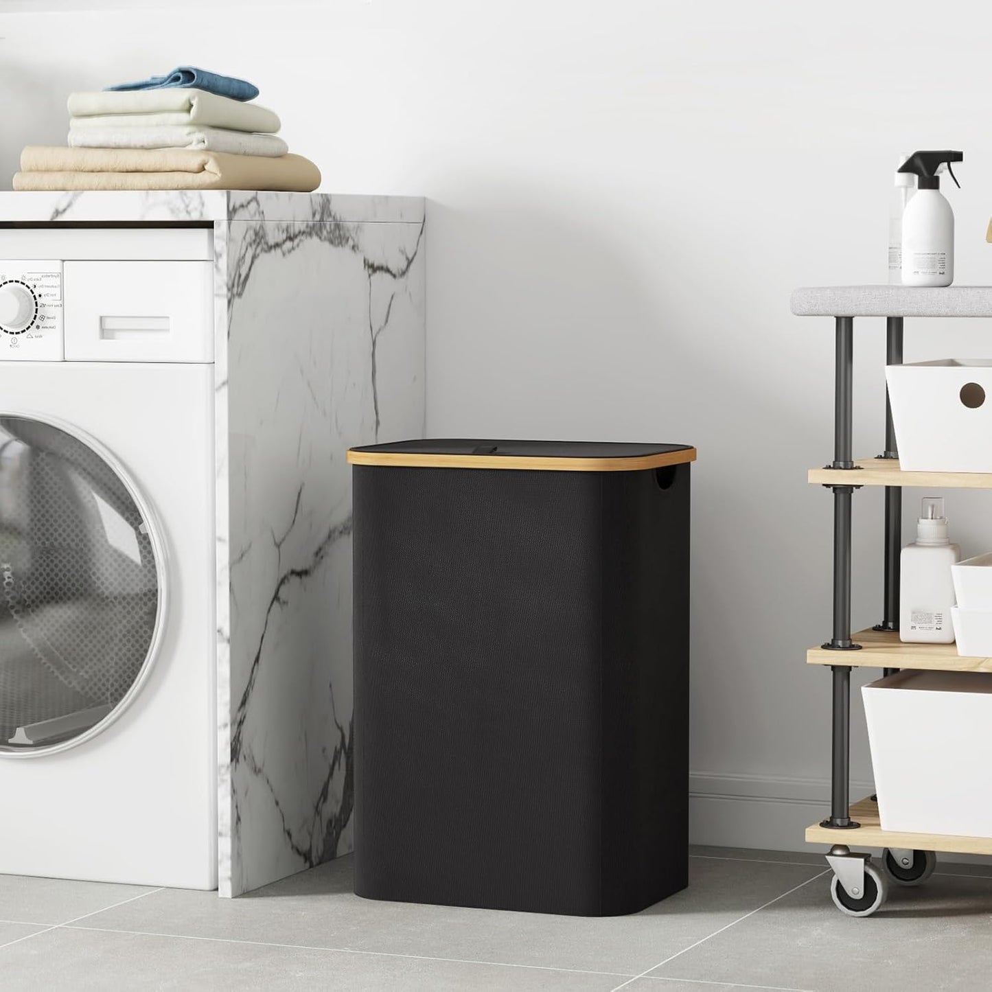 Lifewit 80L Laundry Basket with Lid, Clothes Hampers with Bamboo Handles and A Removable Laundry Bag, Large Foldable Hamper for Bedroom, Bathroom, Dorm, LaundryRoom, Black
