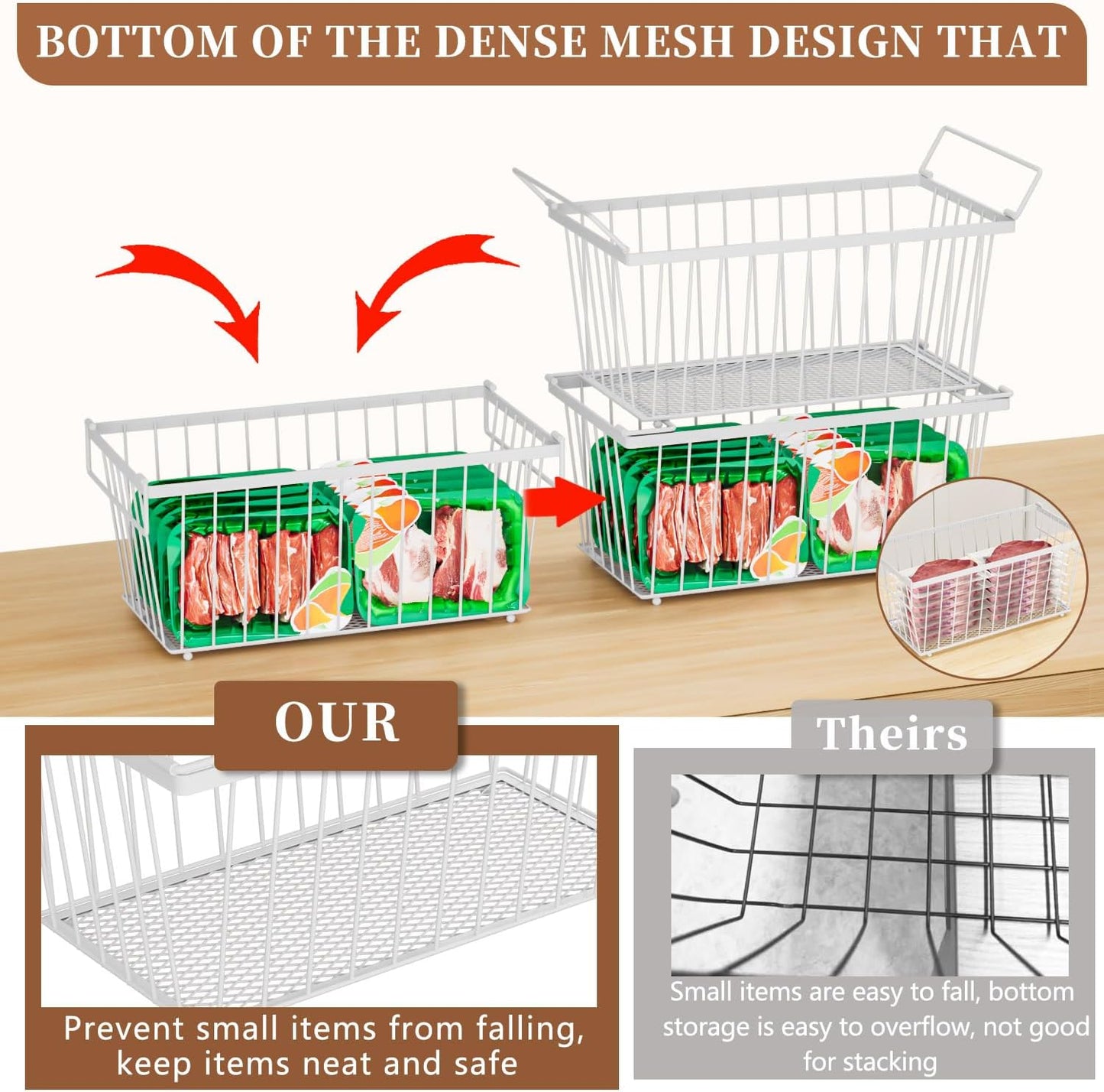 Enhanced Leak-Proof Bottom - Freezer Organizer Bins ，6 Pack Stackable Deep Freezer Organizer Bins for 7 Cu.FT Small Chest Freezer，Easy Get Bottom Foods without Digging