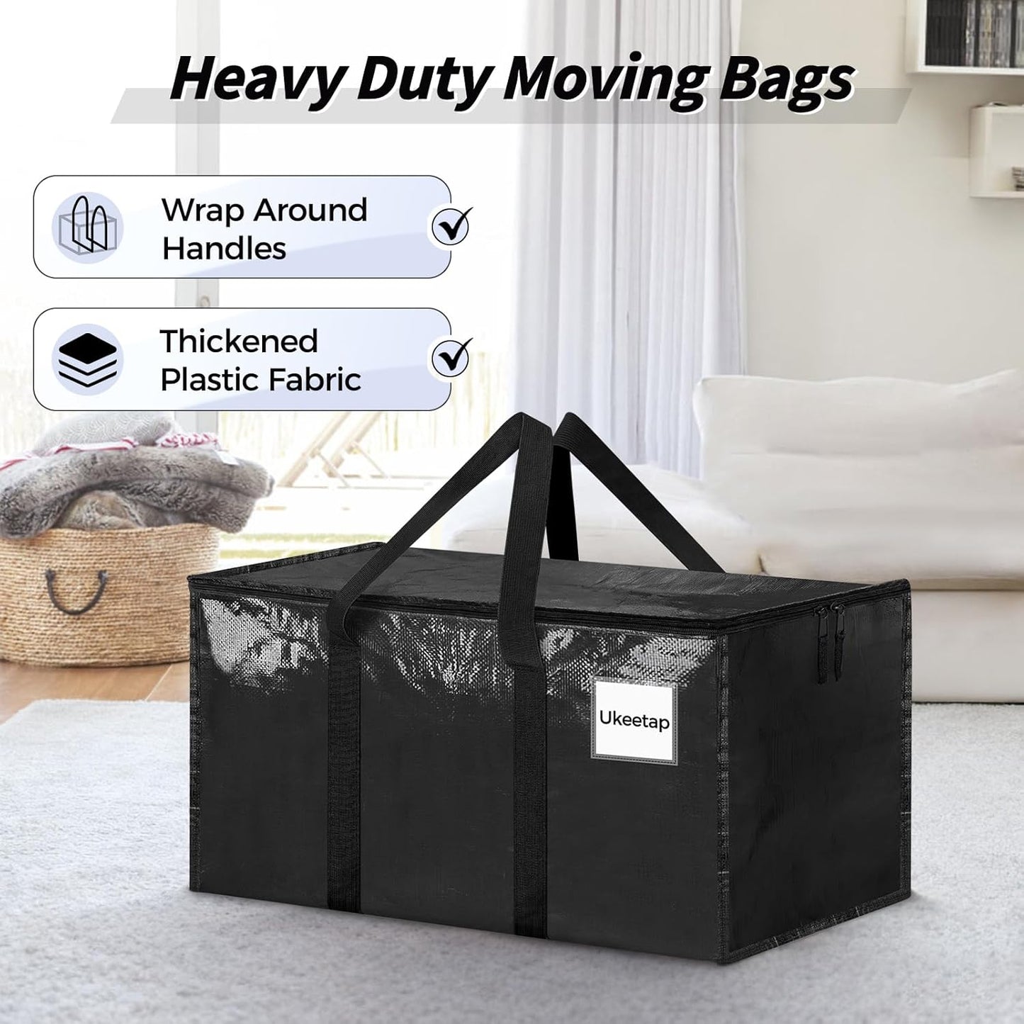 16 Pack Extra Large Heavy Duty Moving Bags, Black Storage Bins with Lids, Reinforced Handles & Heavy-Duty Zippers Moving Boxes Storage Bags Totes for Clothes Packing, Dorms, College Supplies, Black