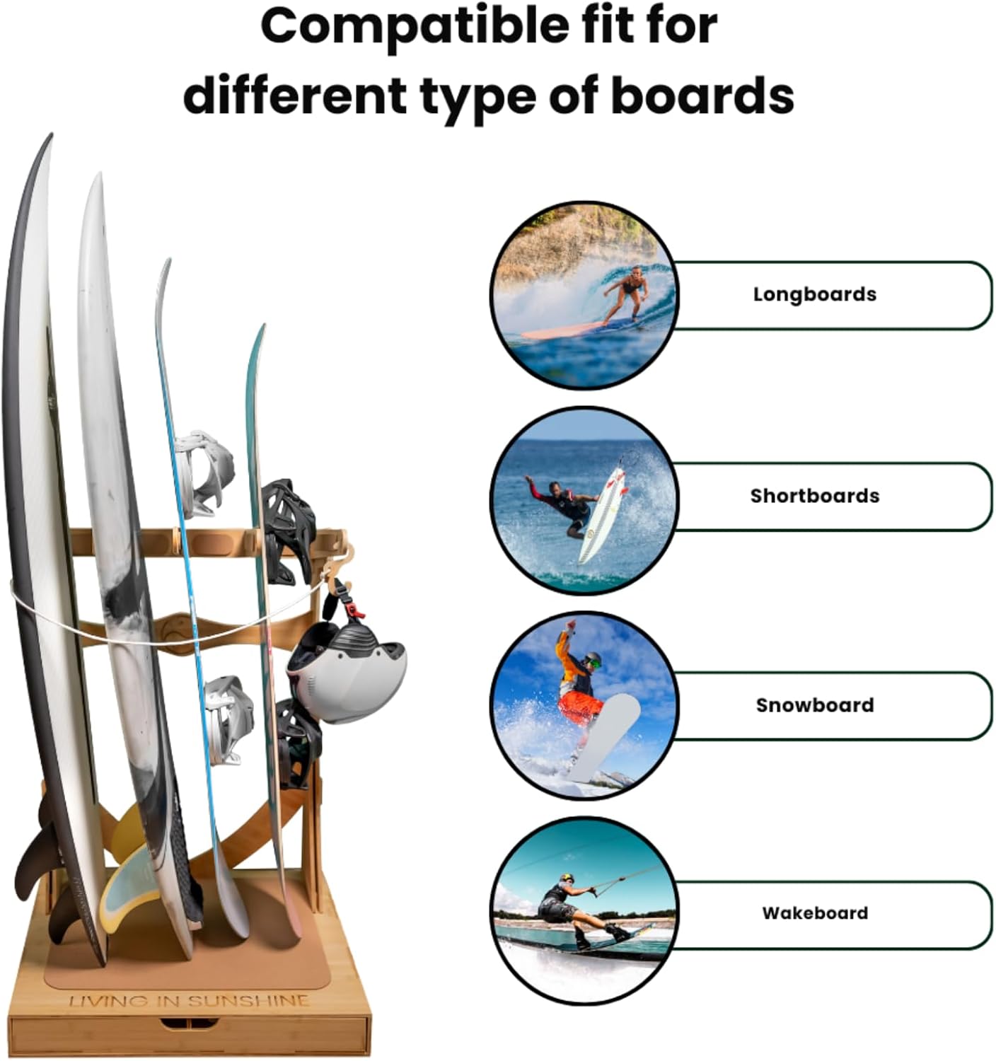 LISS Spirit Surfboard Rack Stand Holder for 3 & 4 Boards, Indoor Storage Display for Longboard, Shortboard, Snowboard, Wakeboard, Skateboard Up to 10Ft Long