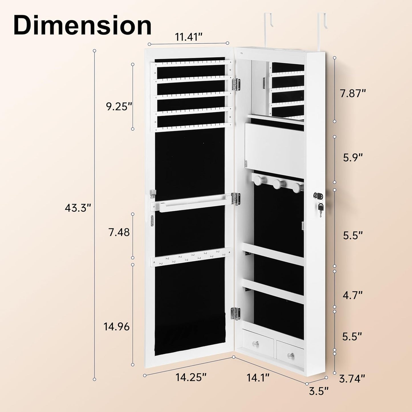 Mirror Jewelry Organizer, Wall/Door Mounted Jewelry Armoire with Full-Length Mirror,Hanging Jewelry Cabinet with LED Interior Lights, White