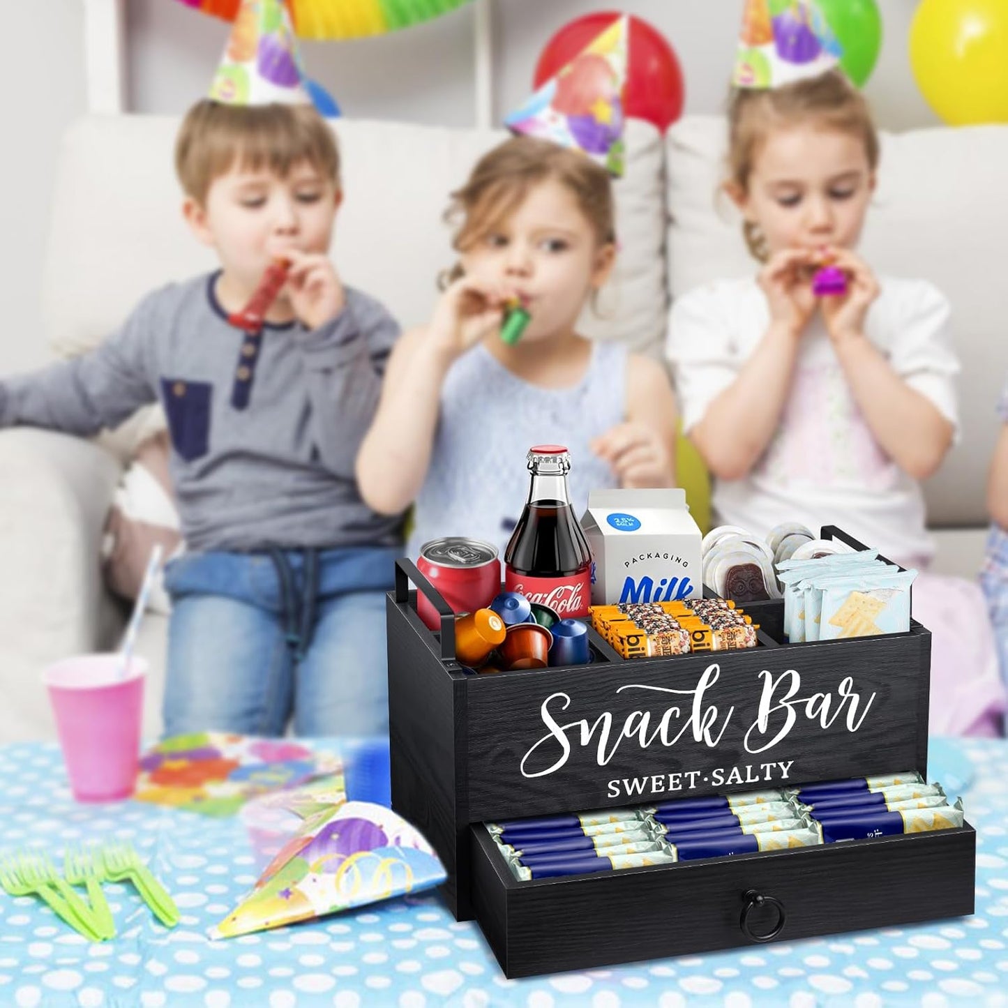 Snack Organizer for Countertop, Wood Snack Basket Snack Tray with Handles, 5 Compartment Pantry Storage Bins with Drawer, Food Container Snack Box for Snacks, Chips, Packets