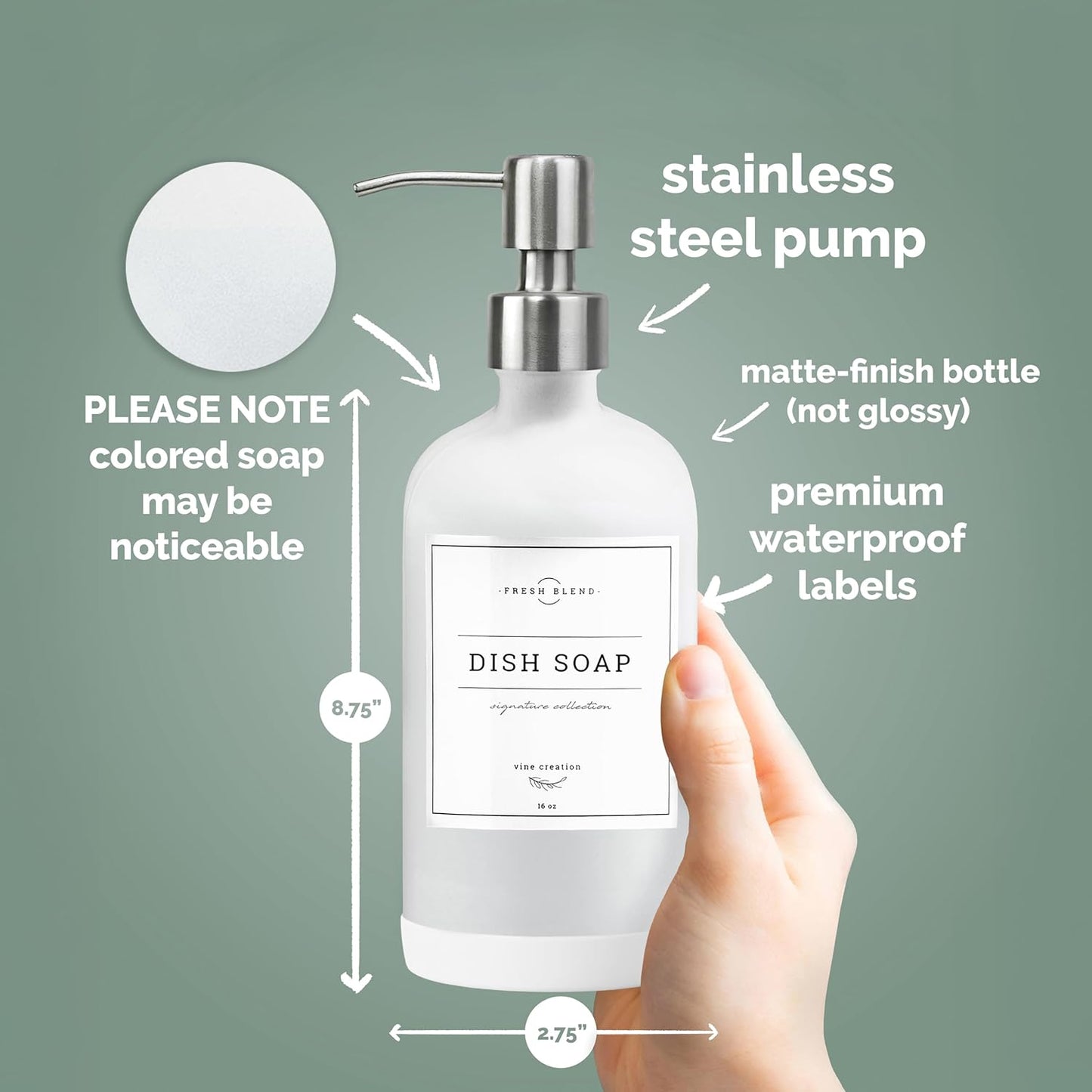 Vine Creations White Glass Soap Dispenser, 2 Pack Kitchen Soap Dispenser Set with Stainless Steel Pump, 16 oz Dish Soap and Hand Soap Dispensers for Bathroom with Waterproof Labels