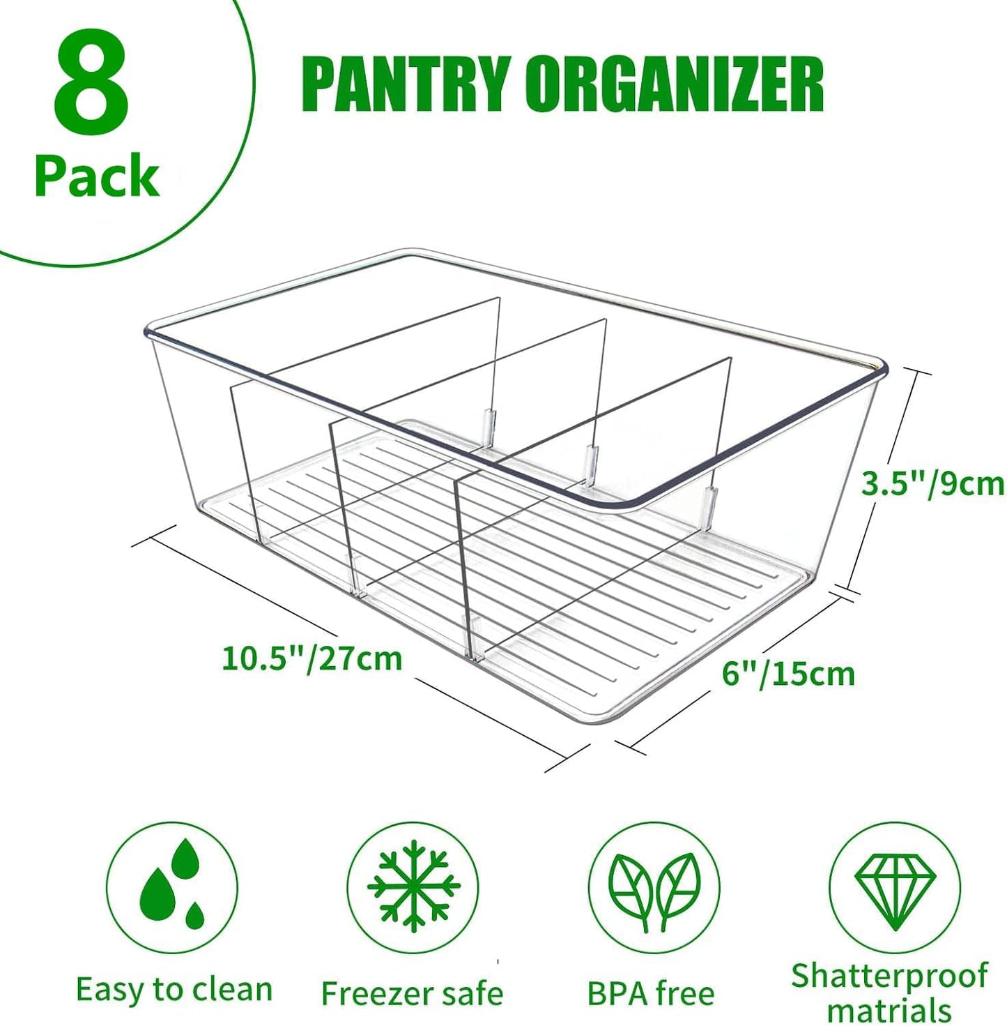 8 Pack Pantry Organizers and Storage,Snack Containers with 3 Dividers for Kitchen,Fridge,Refrigerator Organization and Storage,Clear Plastic Organizer Bins for Spice,Tea bag,Seasoning